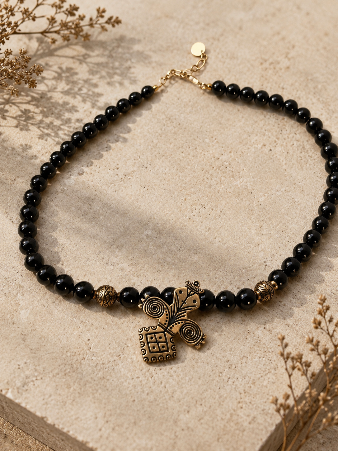 Black Onyx Necklace with Ukrainian Folk-Inspired Pendant