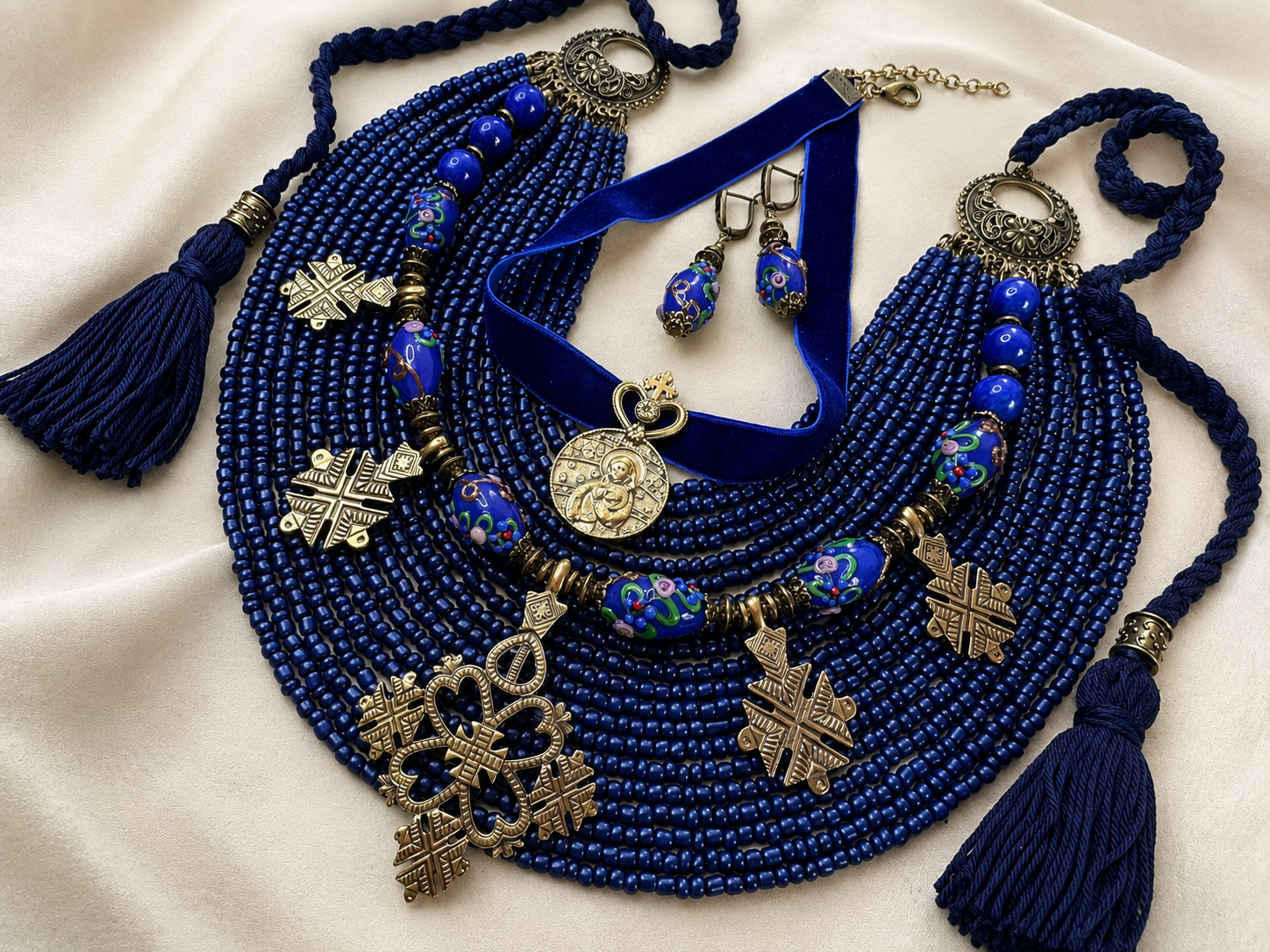 Traditional Ukrainian Zgarda, Blue Glass Bead Necklace, Handmade Ethnic Jewelry with Brass Crosses and Dukach
