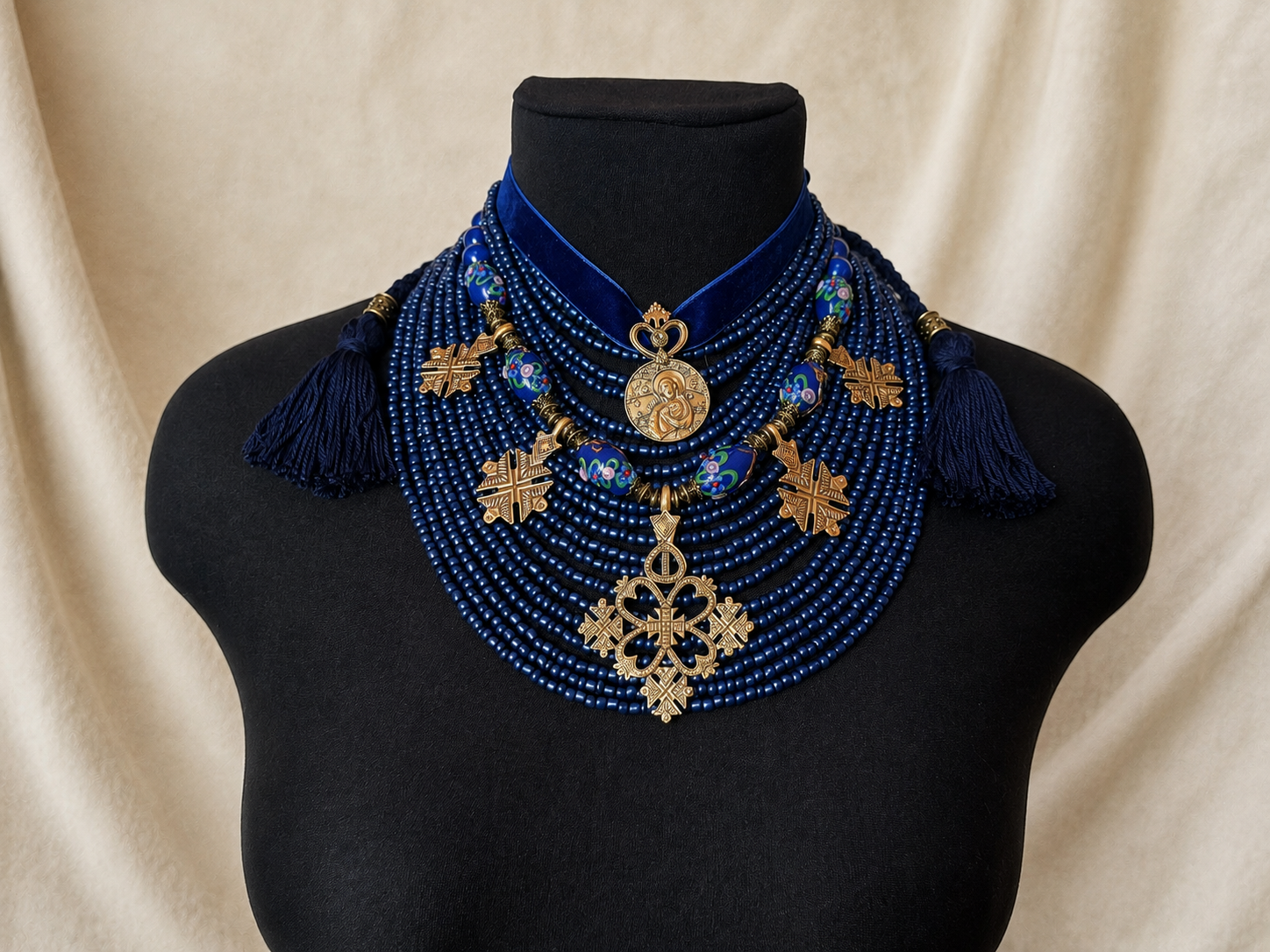 Traditional Ukrainian Zgarda, Blue Glass Bead Necklace, Handmade Ethnic Jewelry with Brass Crosses and Dukach