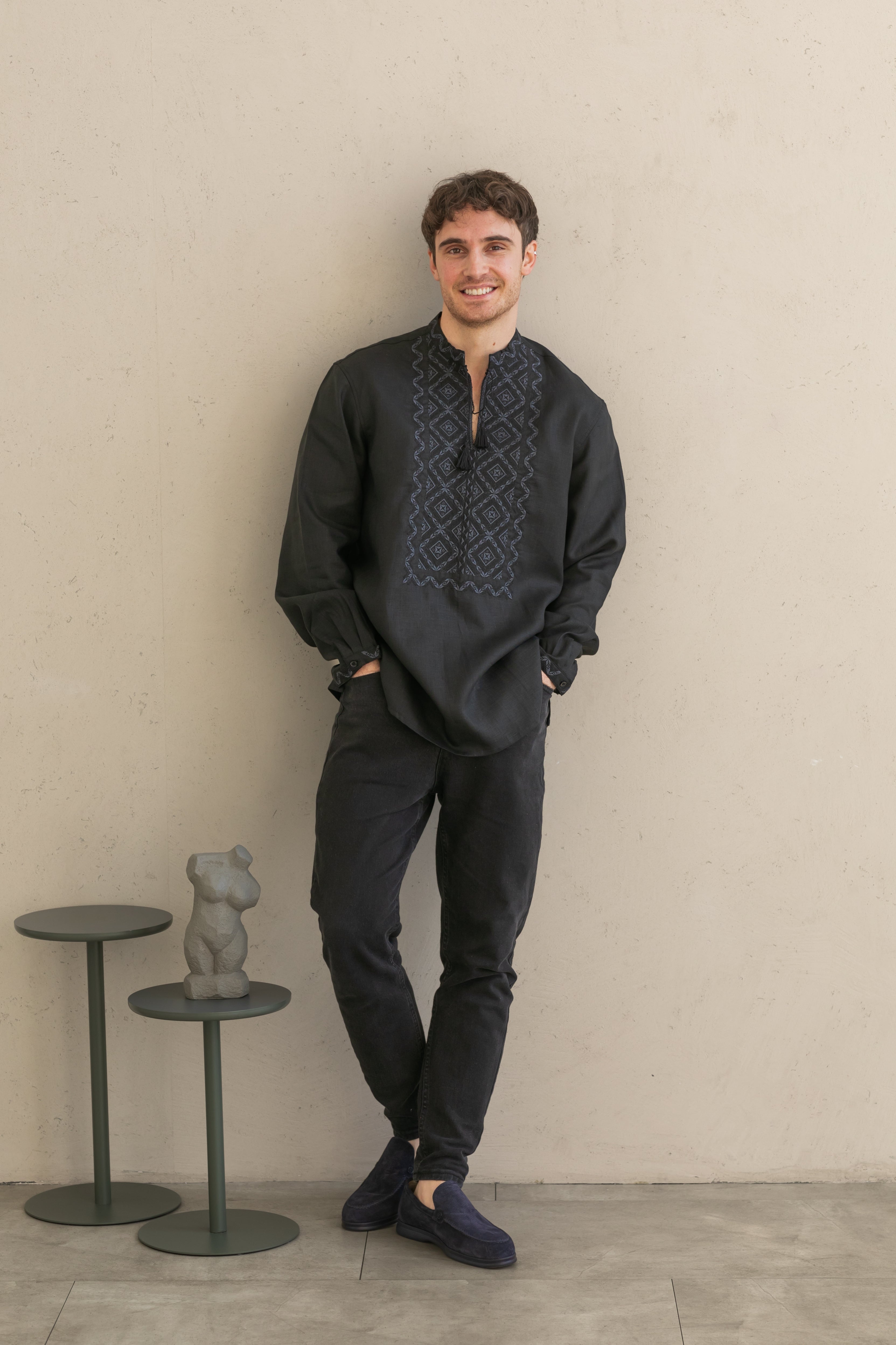 Black Linen Embroidered Vyshyvanka Shirt for Men Gray on black