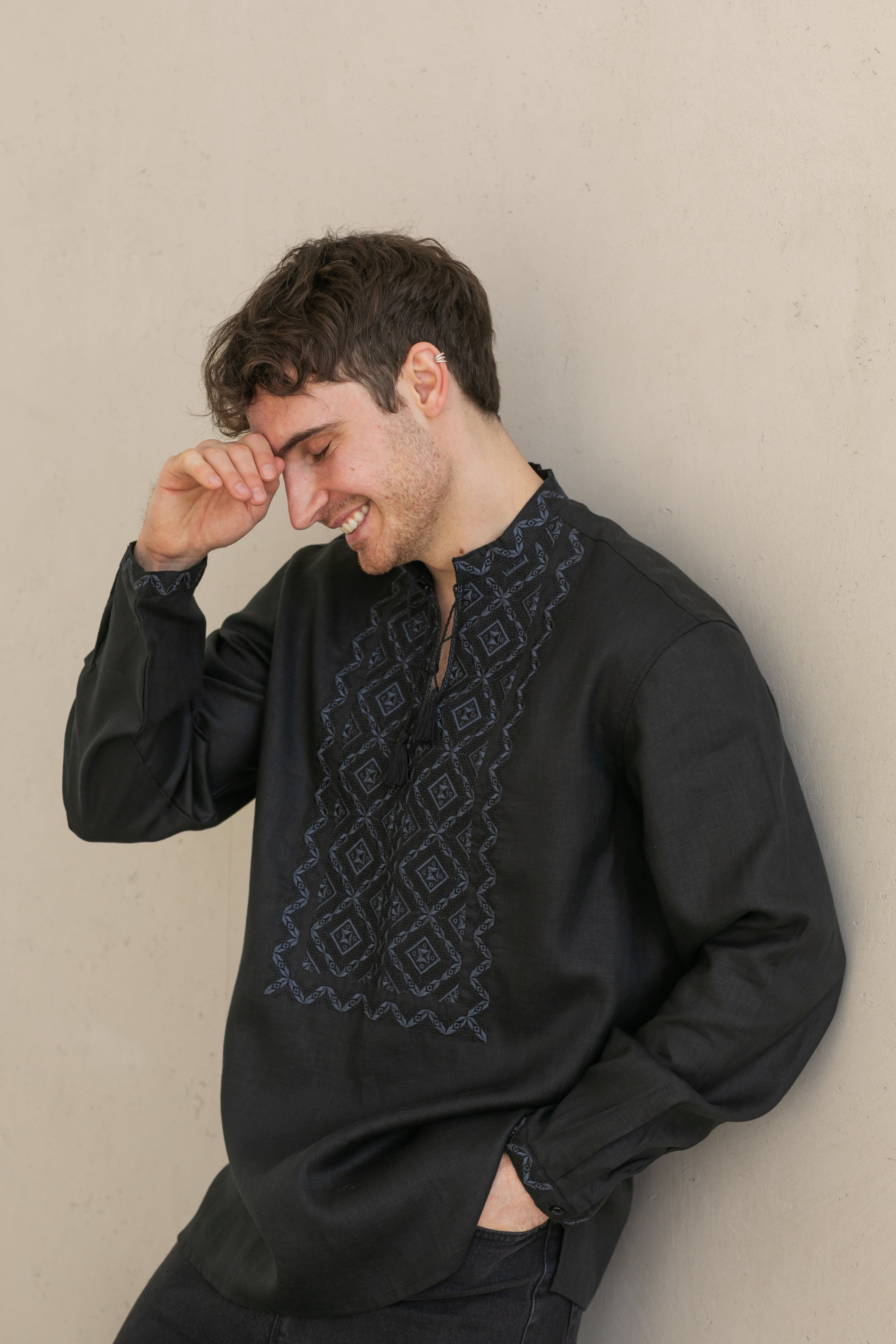 Black Linen Embroidered Vyshyvanka Shirt for Men Gray on black