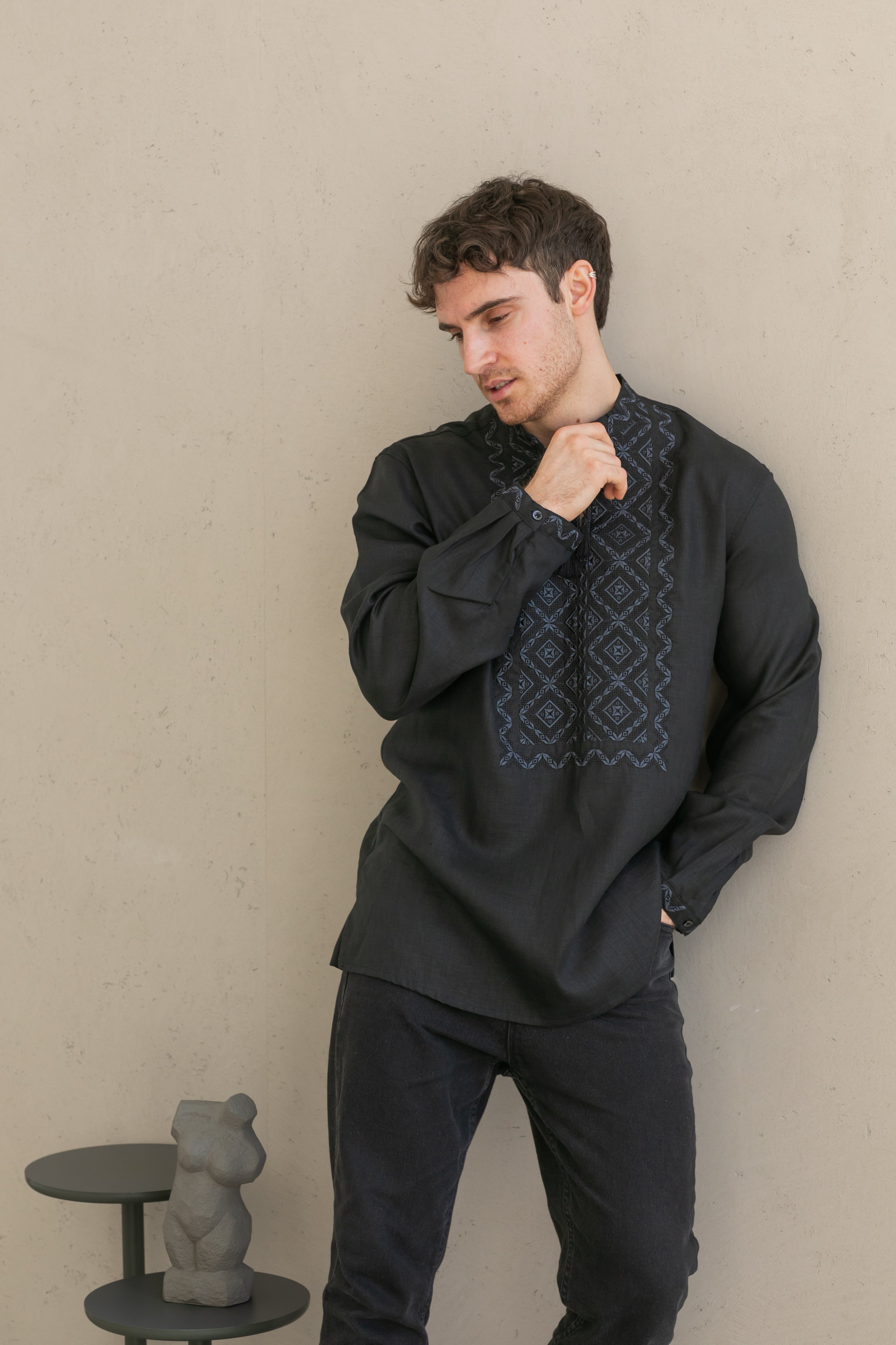 Black Linen Embroidered Vyshyvanka Shirt for Men Gray on black