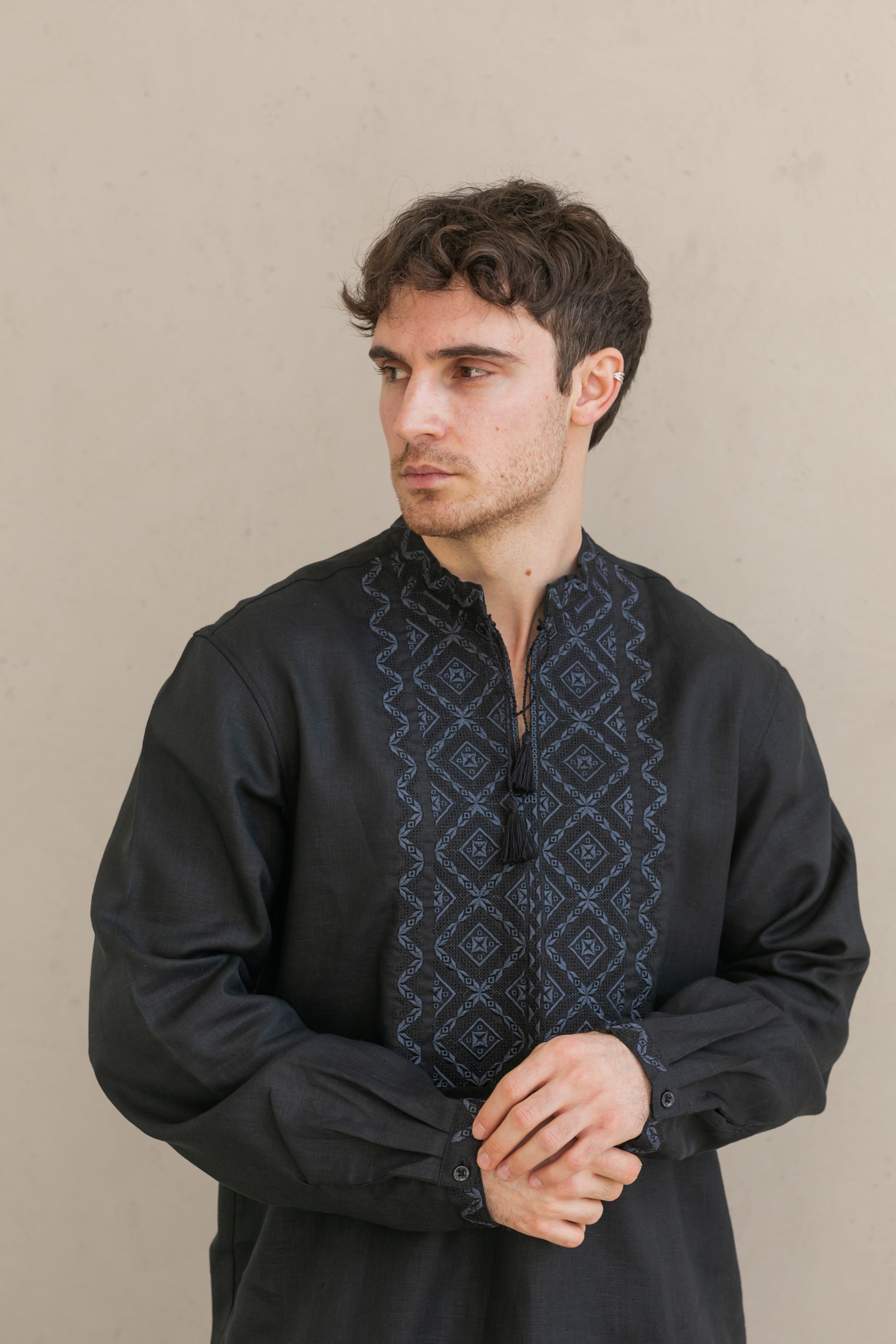 Black Linen Embroidered Vyshyvanka Shirt for Men Gray on black