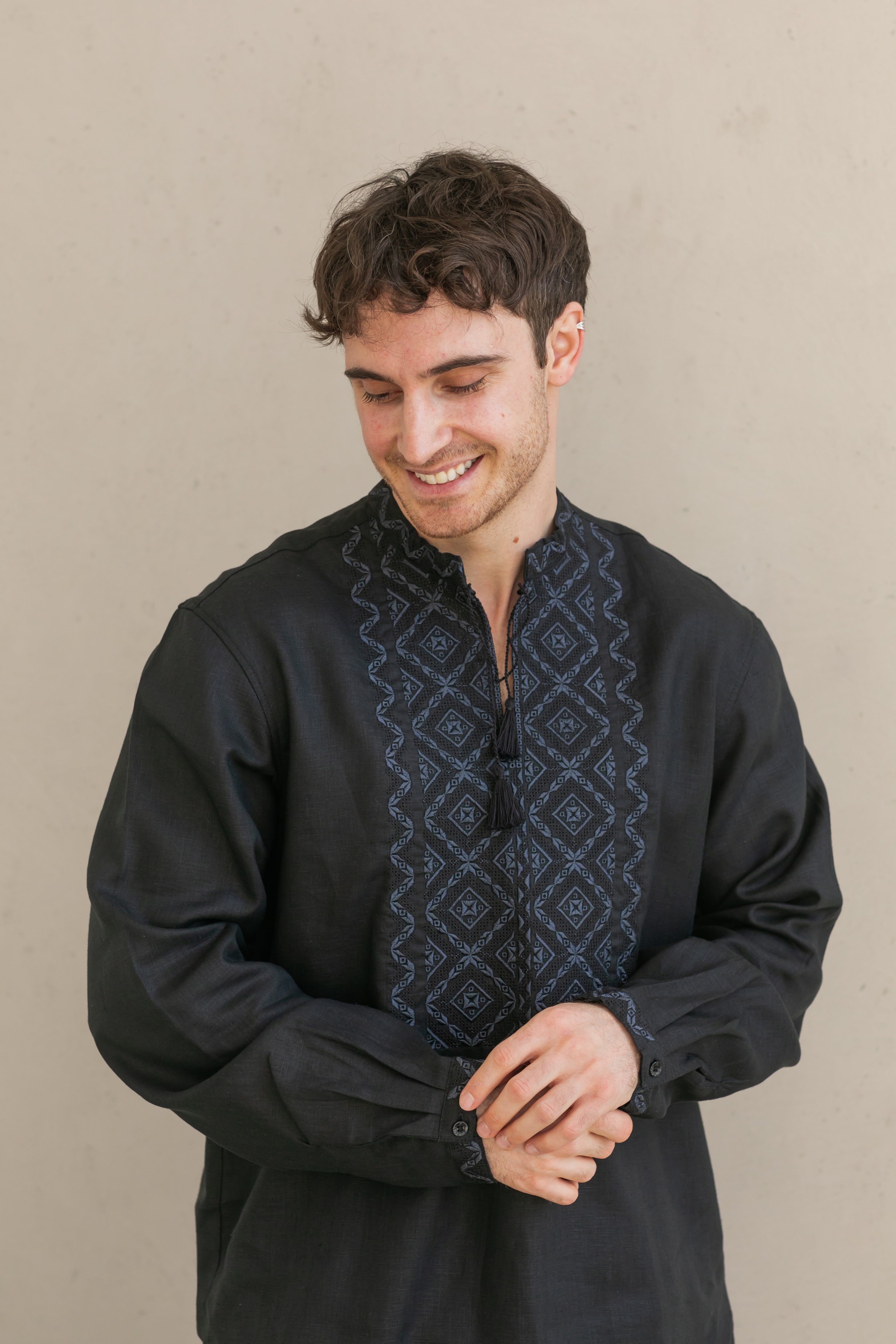 Black Linen Embroidered Vyshyvanka Shirt for Men Gray on black