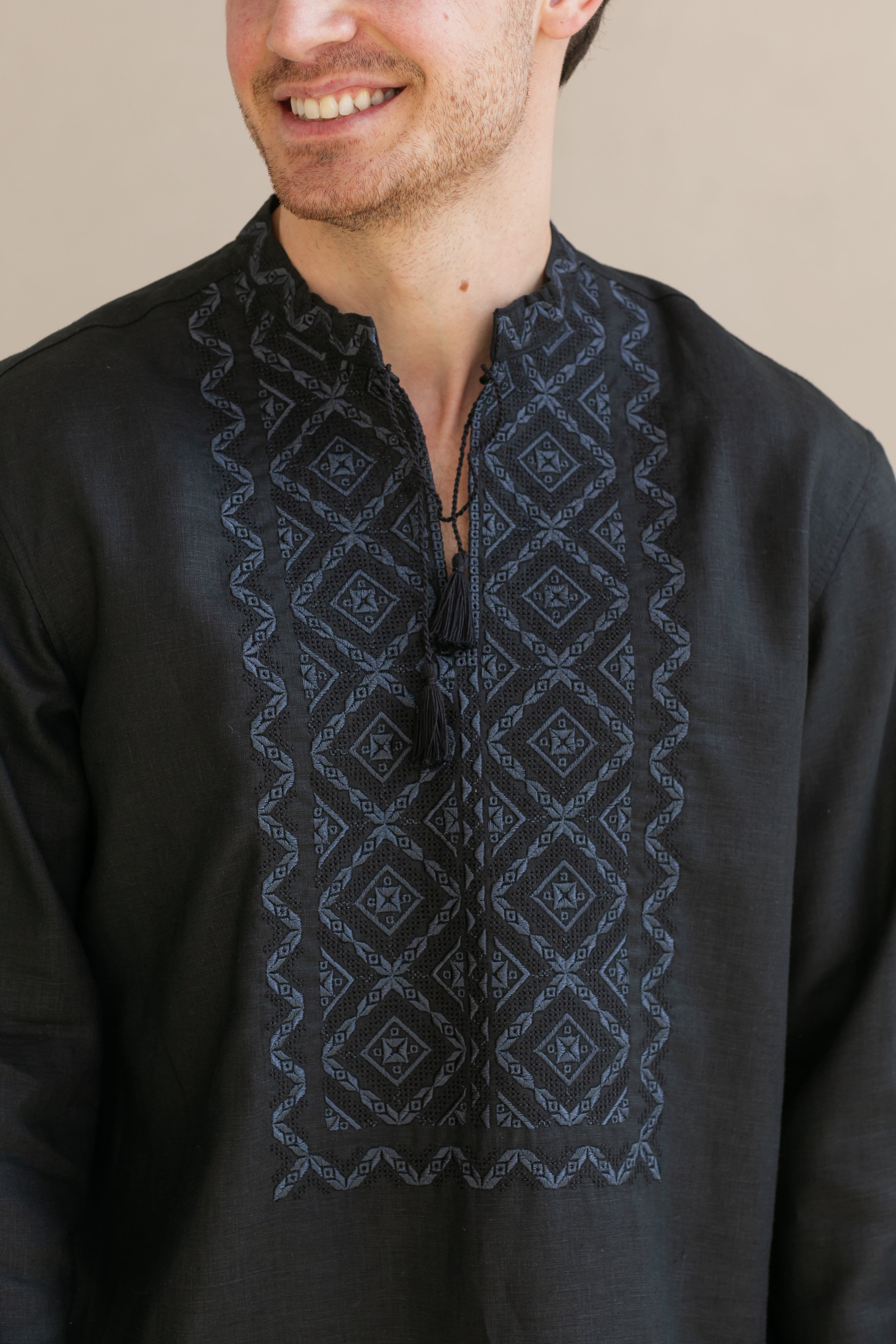 Black Linen Embroidered Vyshyvanka Shirt for Men Gray on black