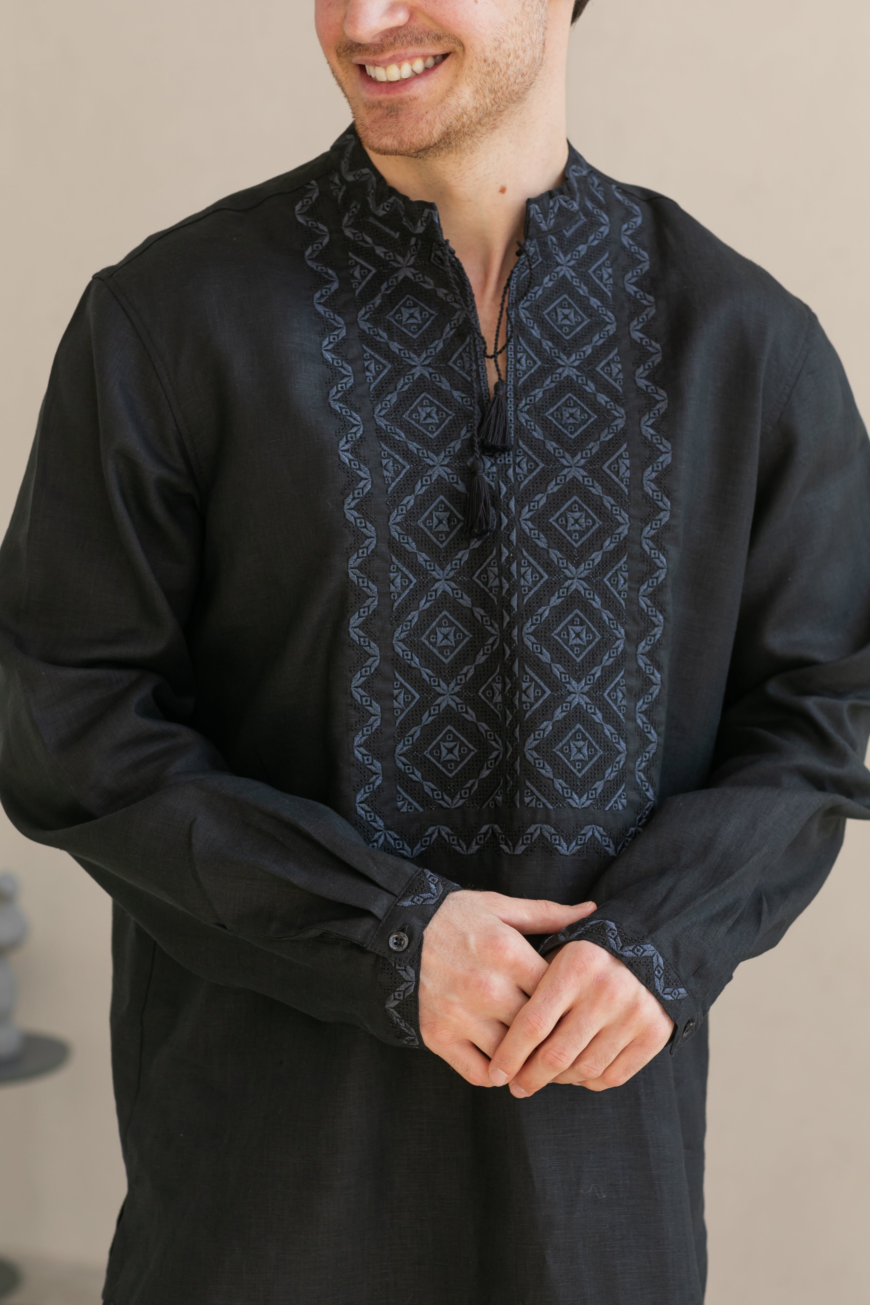 Black Linen Embroidered Vyshyvanka Shirt for Men Gray on black