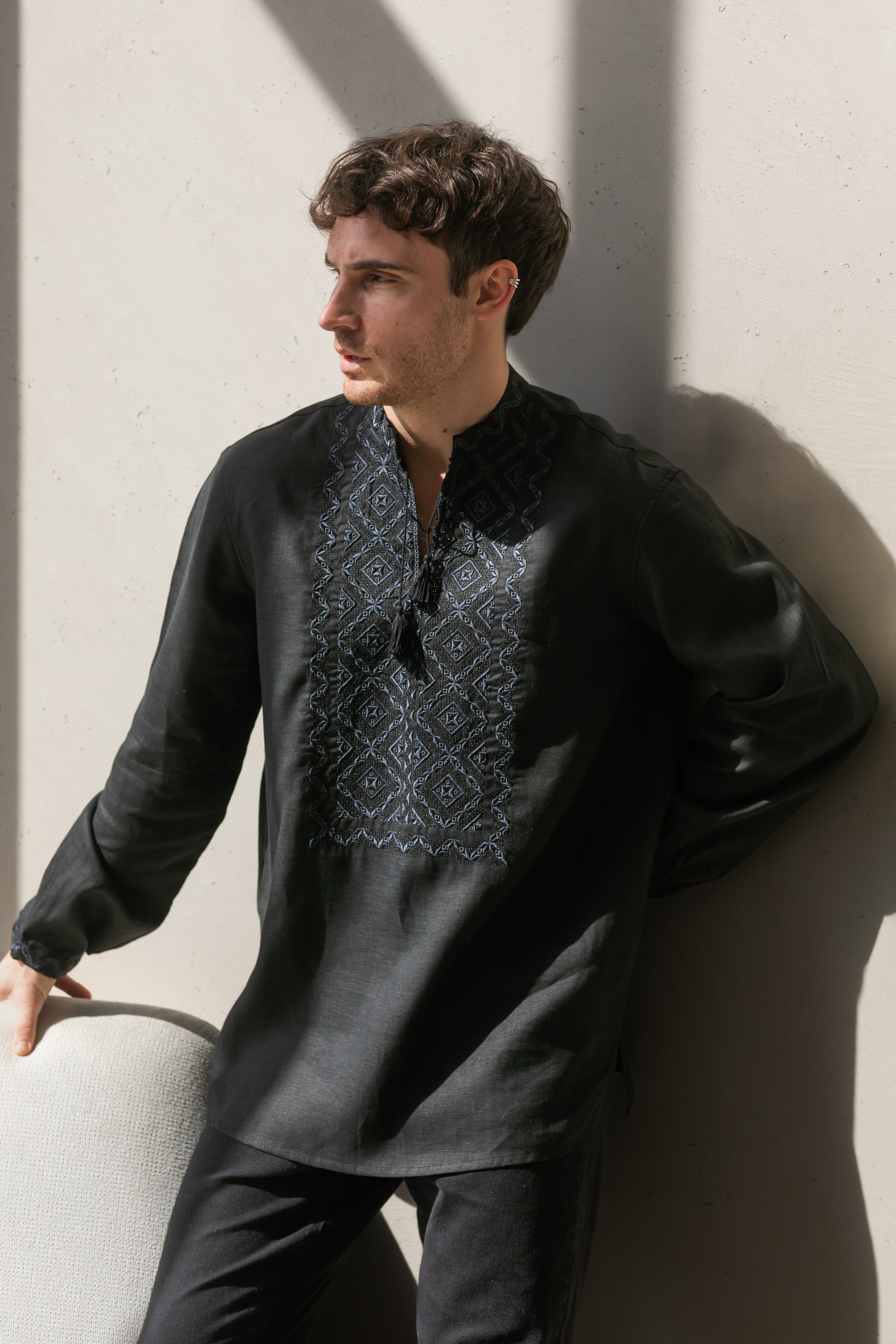Black Linen Embroidered Vyshyvanka Shirt for Men Gray on black