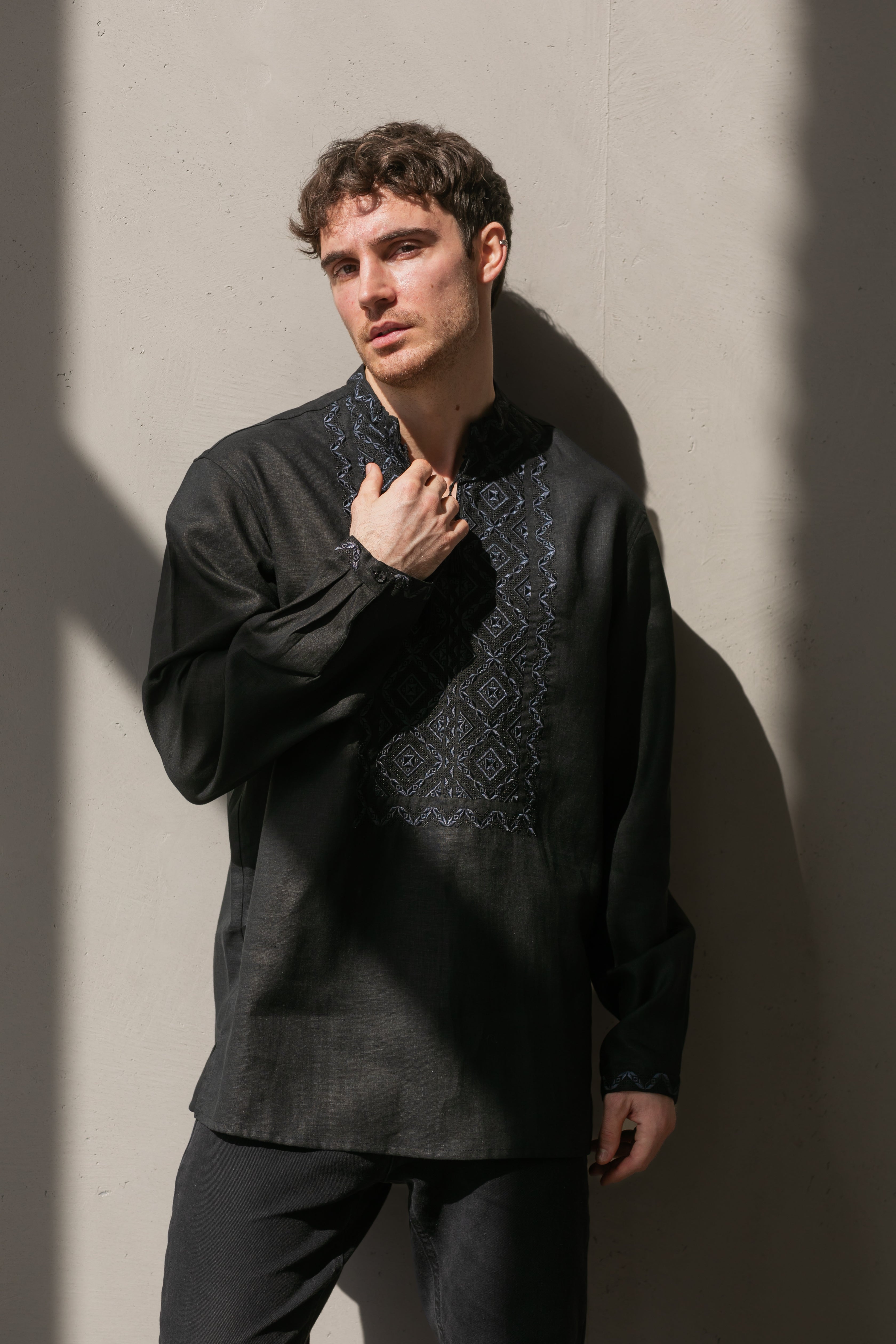 Black Linen Embroidered Vyshyvanka Shirt for Men Gray on black