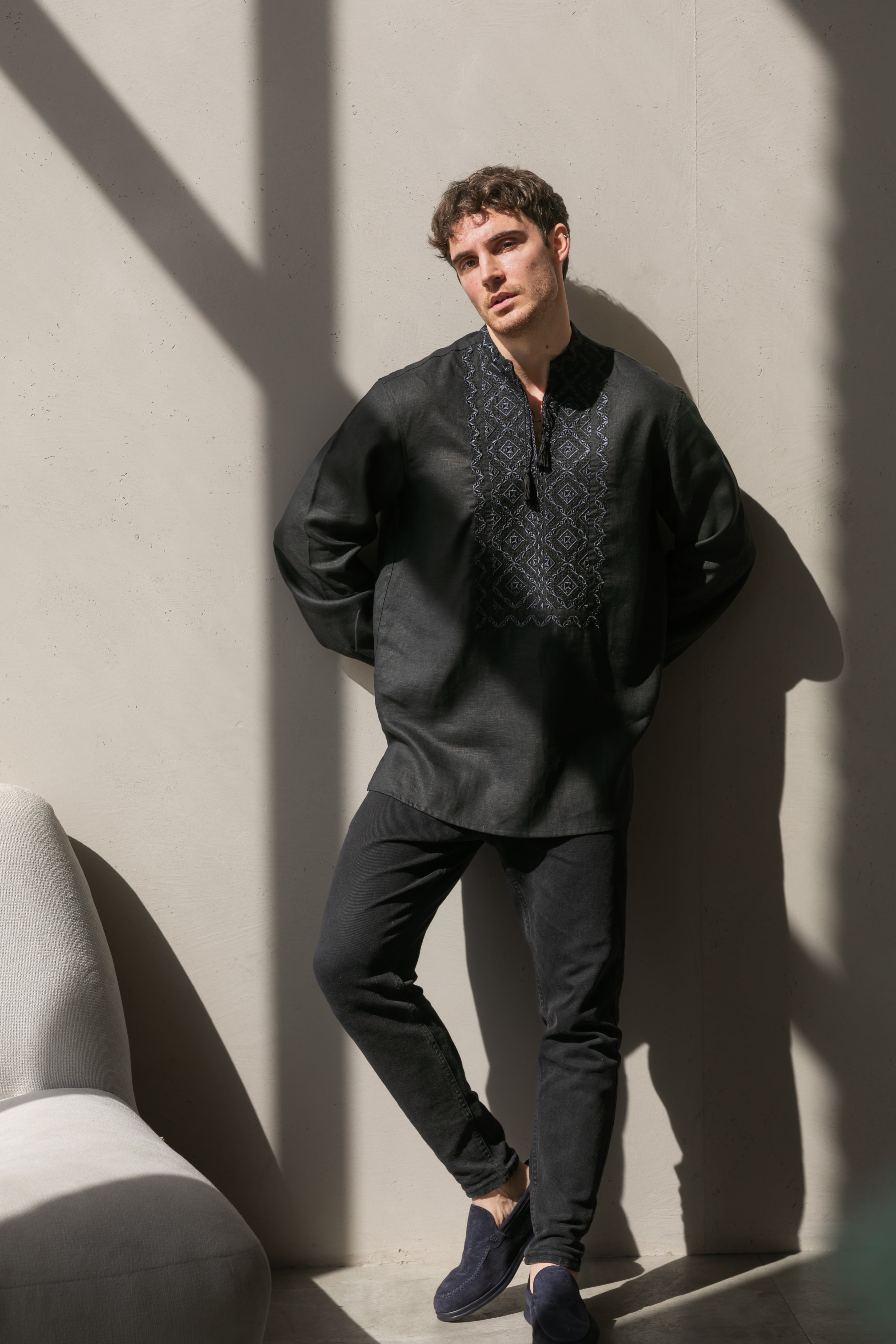 Black Linen Embroidered Vyshyvanka Shirt for Men Gray on black