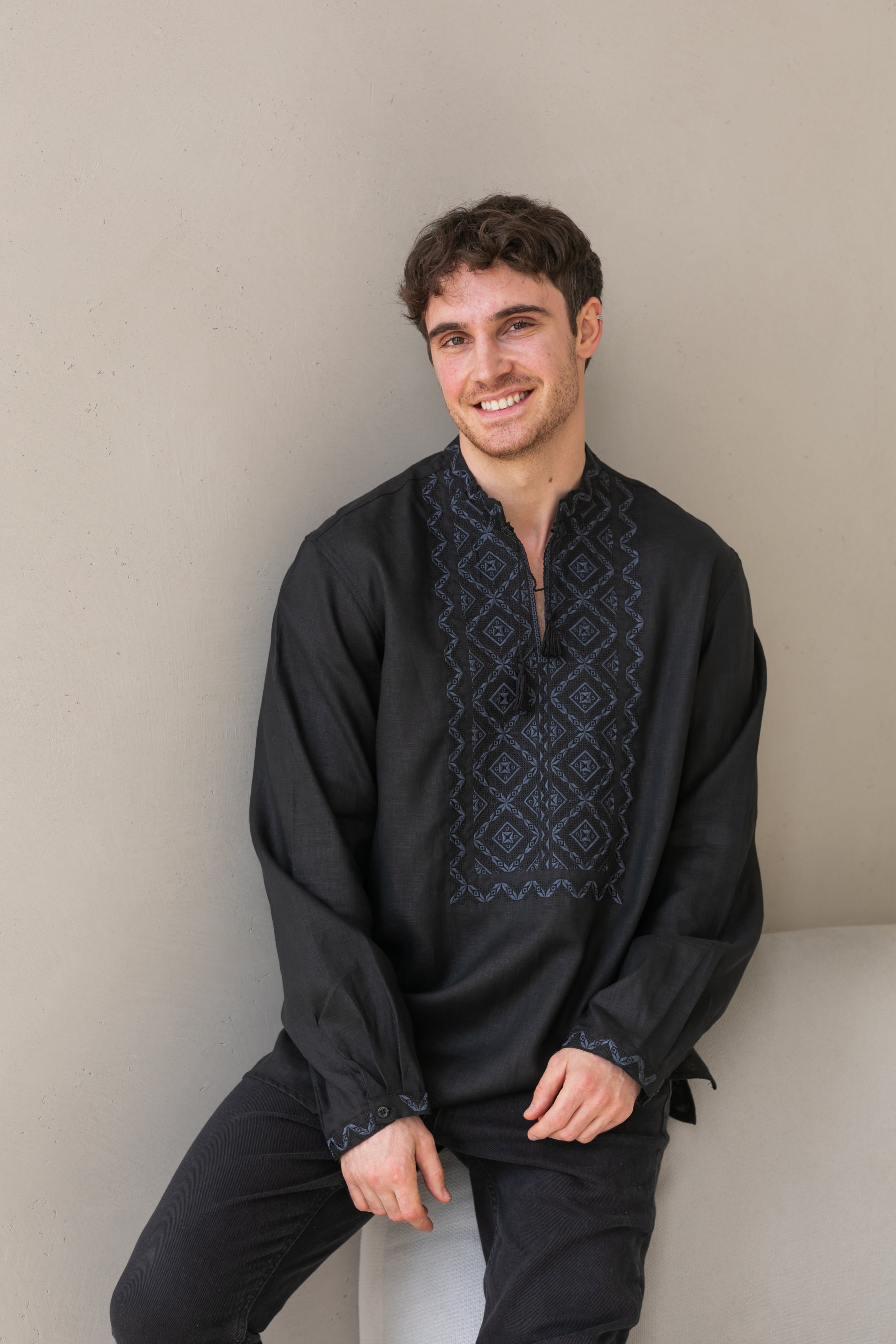 Black Linen Embroidered Vyshyvanka Shirt for Men Gray on black