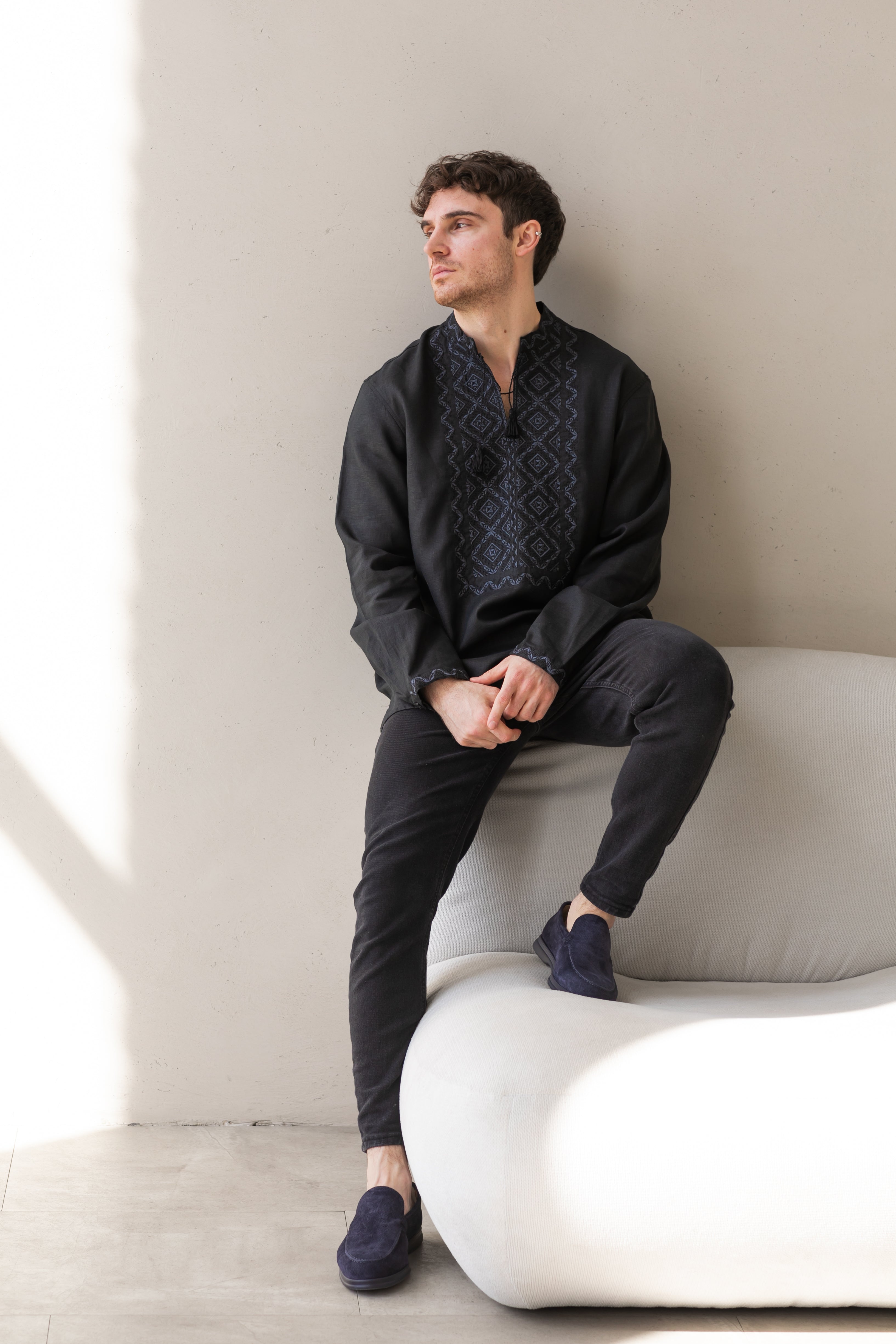 Black Linen Embroidered Vyshyvanka Shirt for Men Gray on black