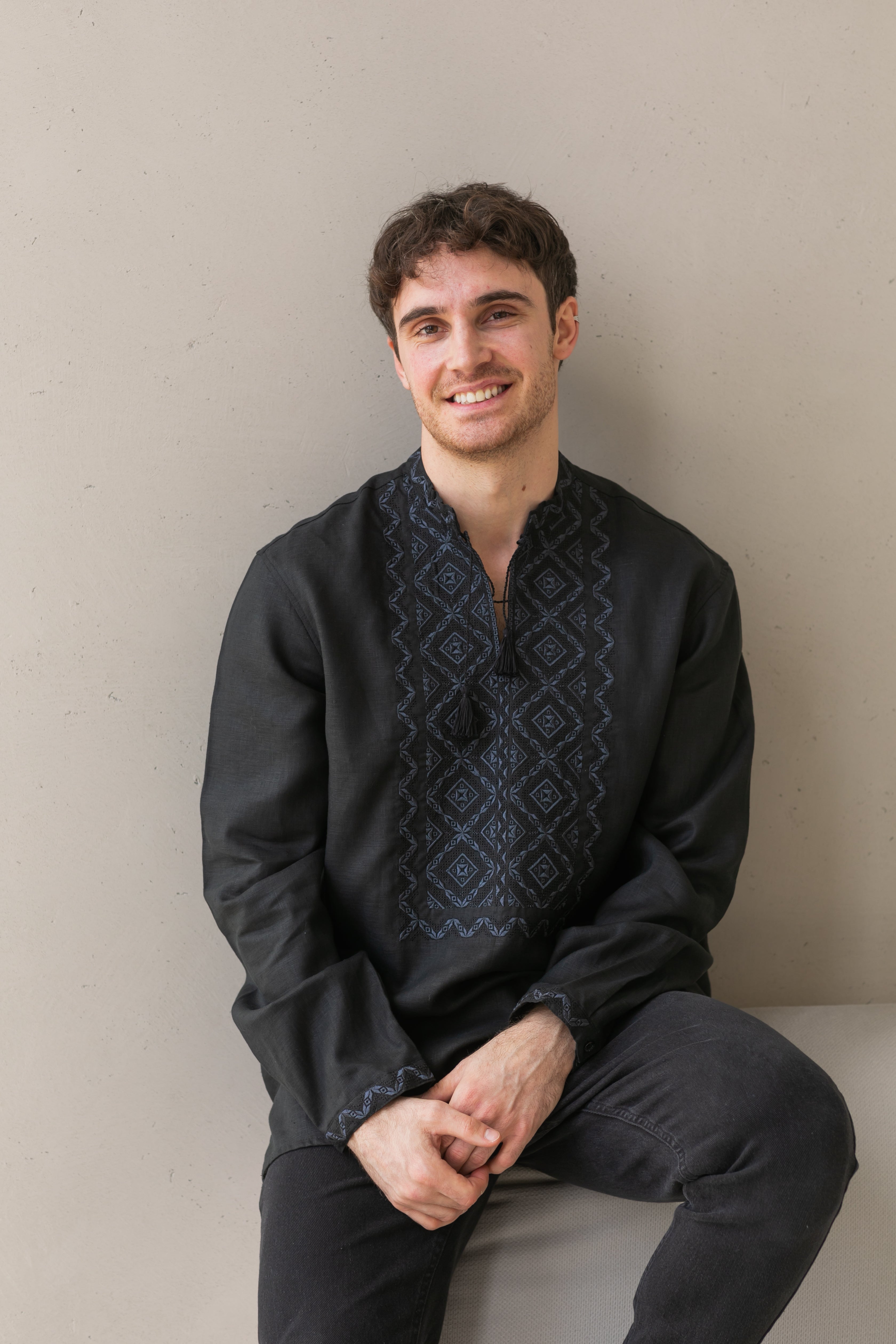 Black Linen Embroidered Vyshyvanka Shirt for Men Gray on black
