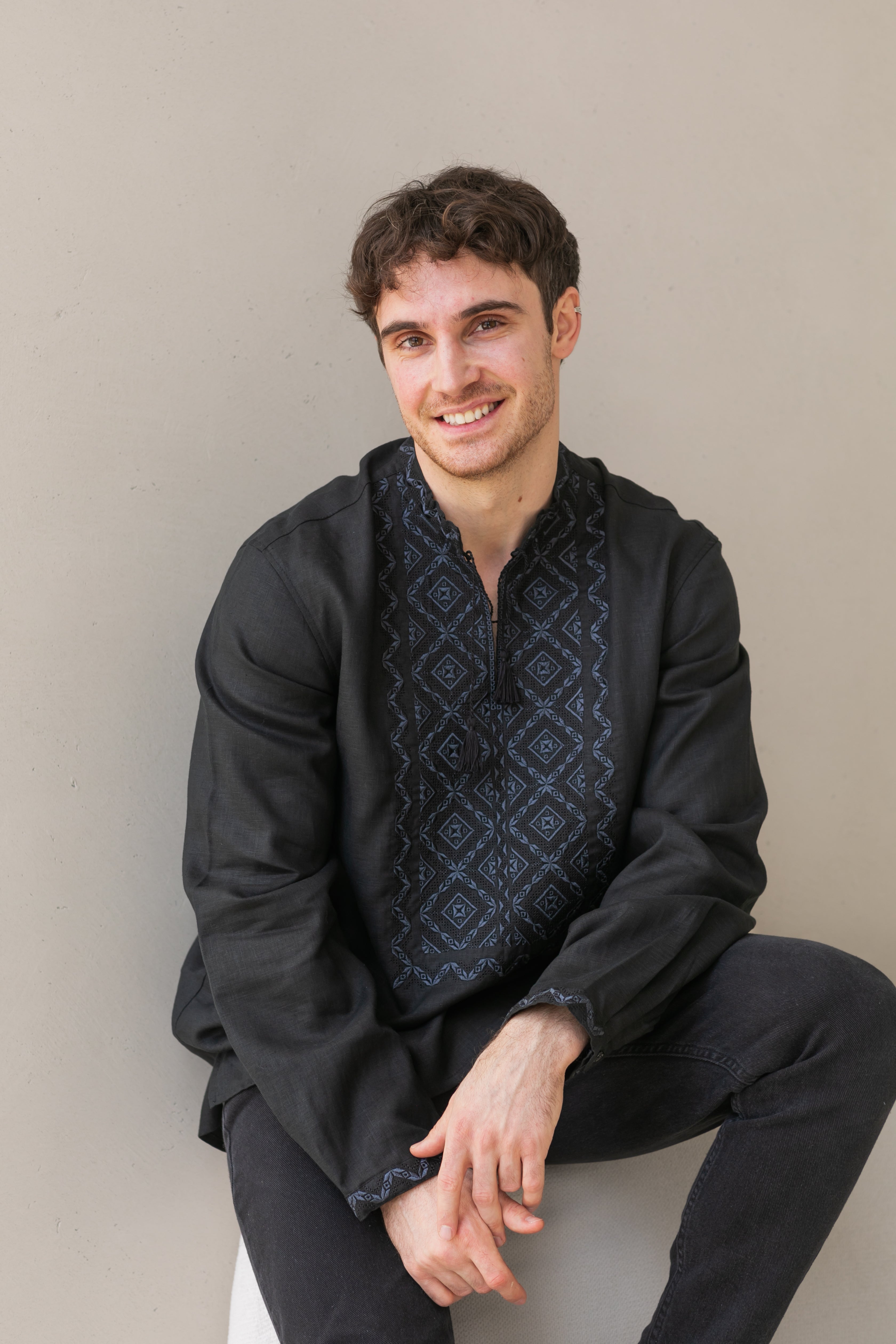 Black Linen Embroidered Vyshyvanka Shirt for Men Gray on black