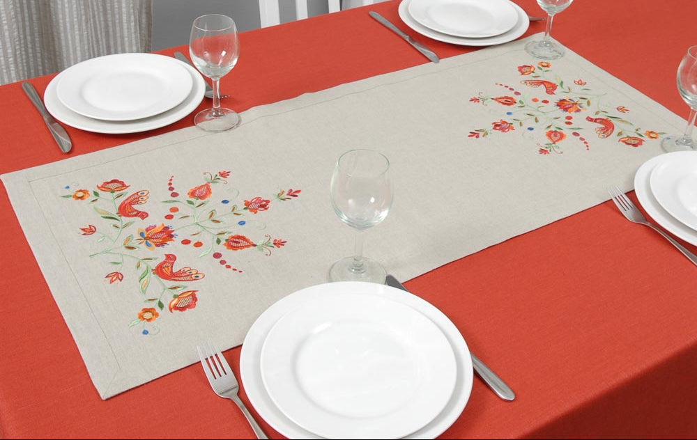 Gray embroidered tablecloth with floral 