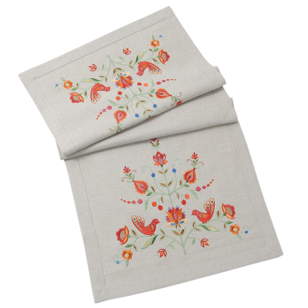 Gray embroidered tablecloth with floral patterns 