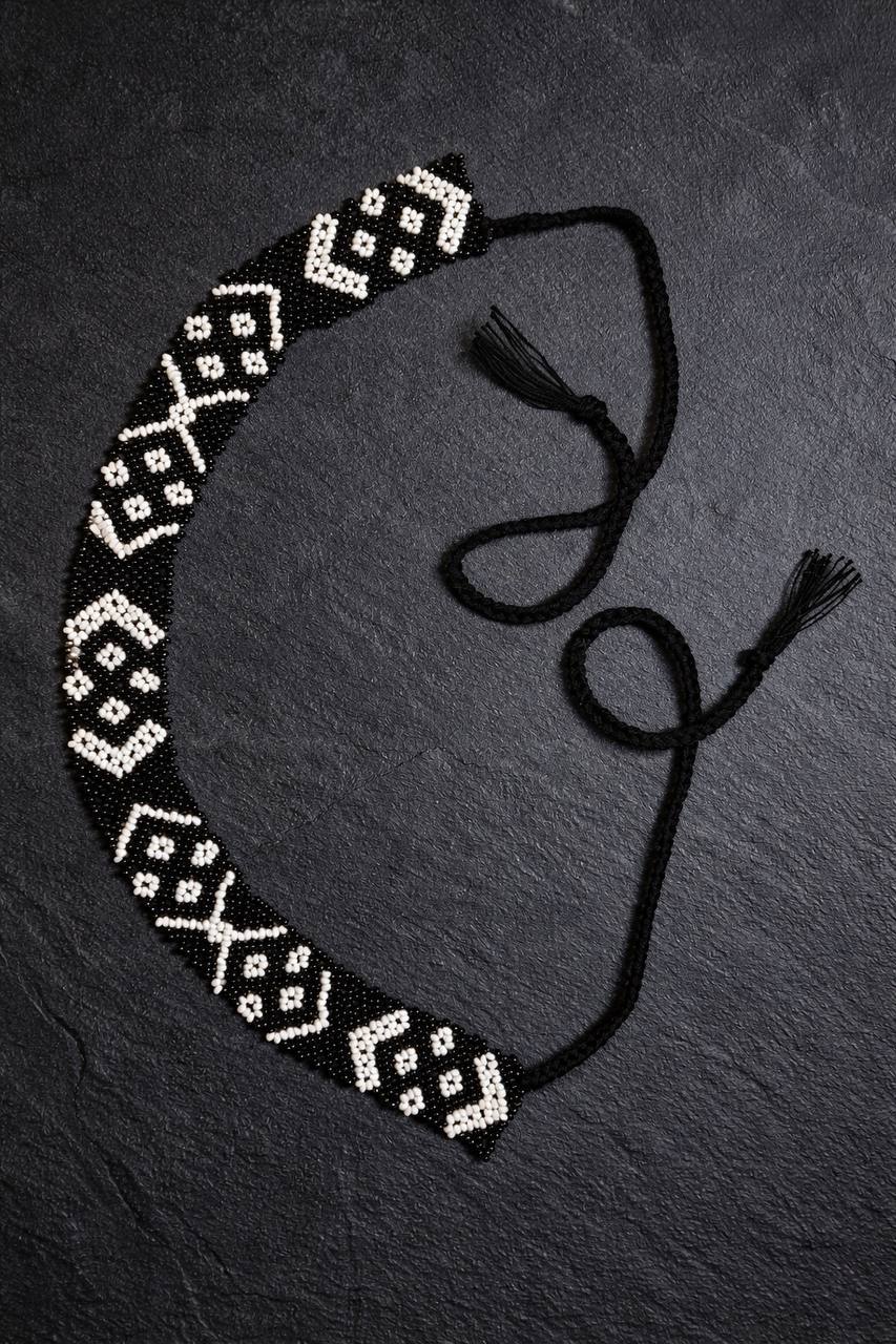 Ukrainian Beaded Choker Necklace - Lesya Ukrainka Stripe Geometric Pattern SYLYANKA, Handmade in Czech Republic