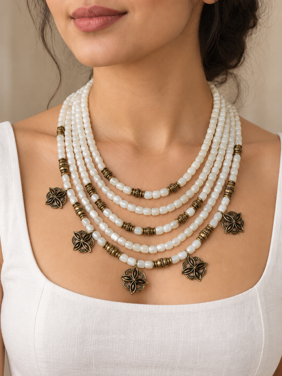White Mother of Pearl Necklace, Ukrainian Ethnic Jewelry, Multi Strand Beaded Necklace, Antique Brass Floral Charms