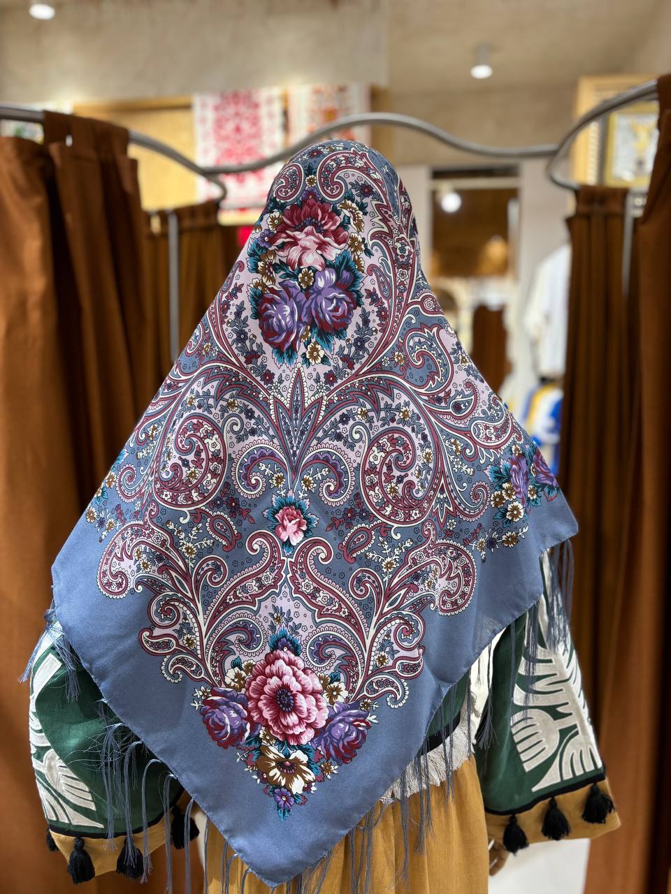 Gray Wool 80% Embroidered Shawl - Traditional Ukrainian Bohemian Scarf for Mom or Daughter