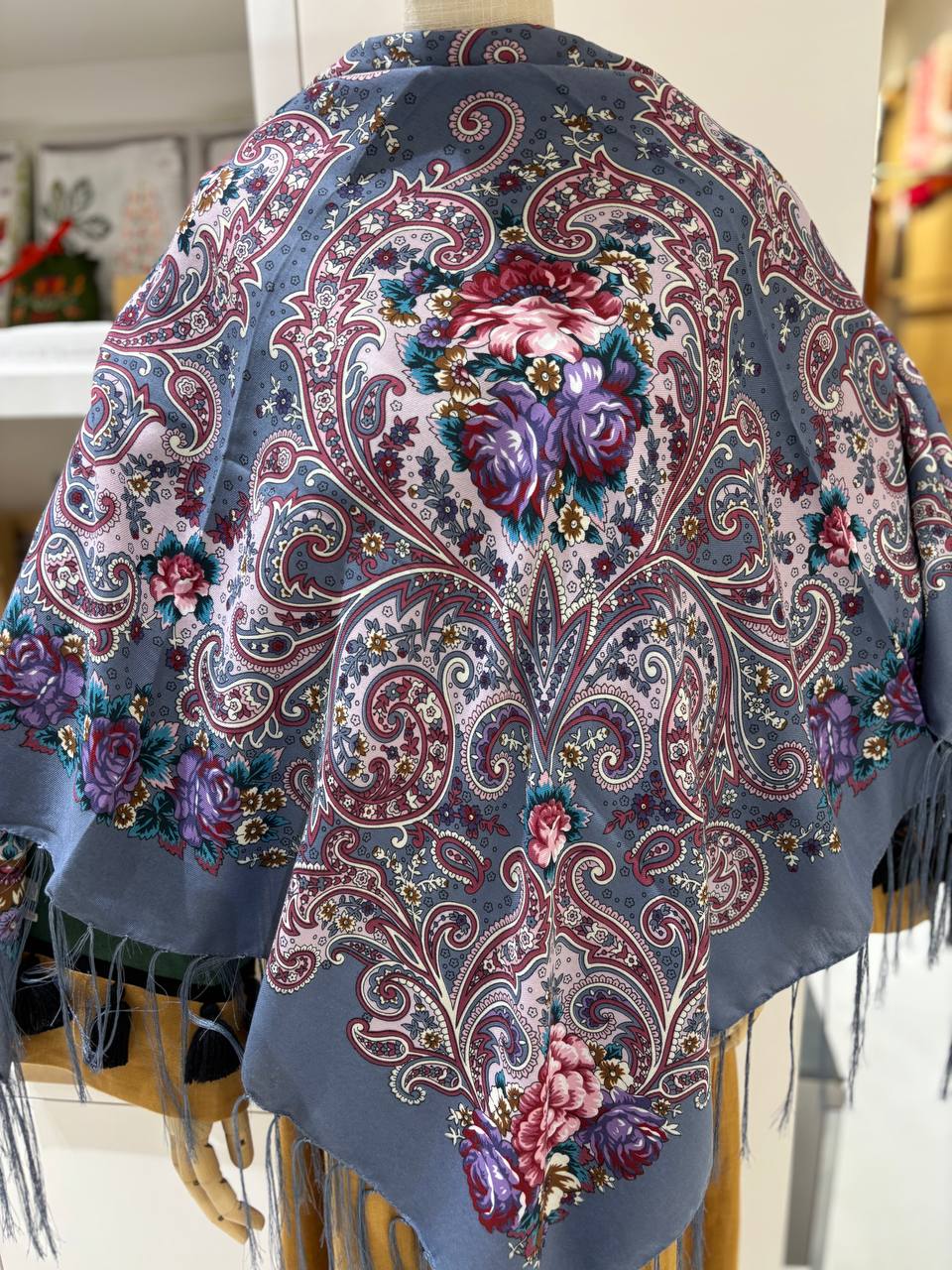 Gray Wool 80% Embroidered Shawl - Traditional Ukrainian Bohemian Scarf for Mom or Daughter