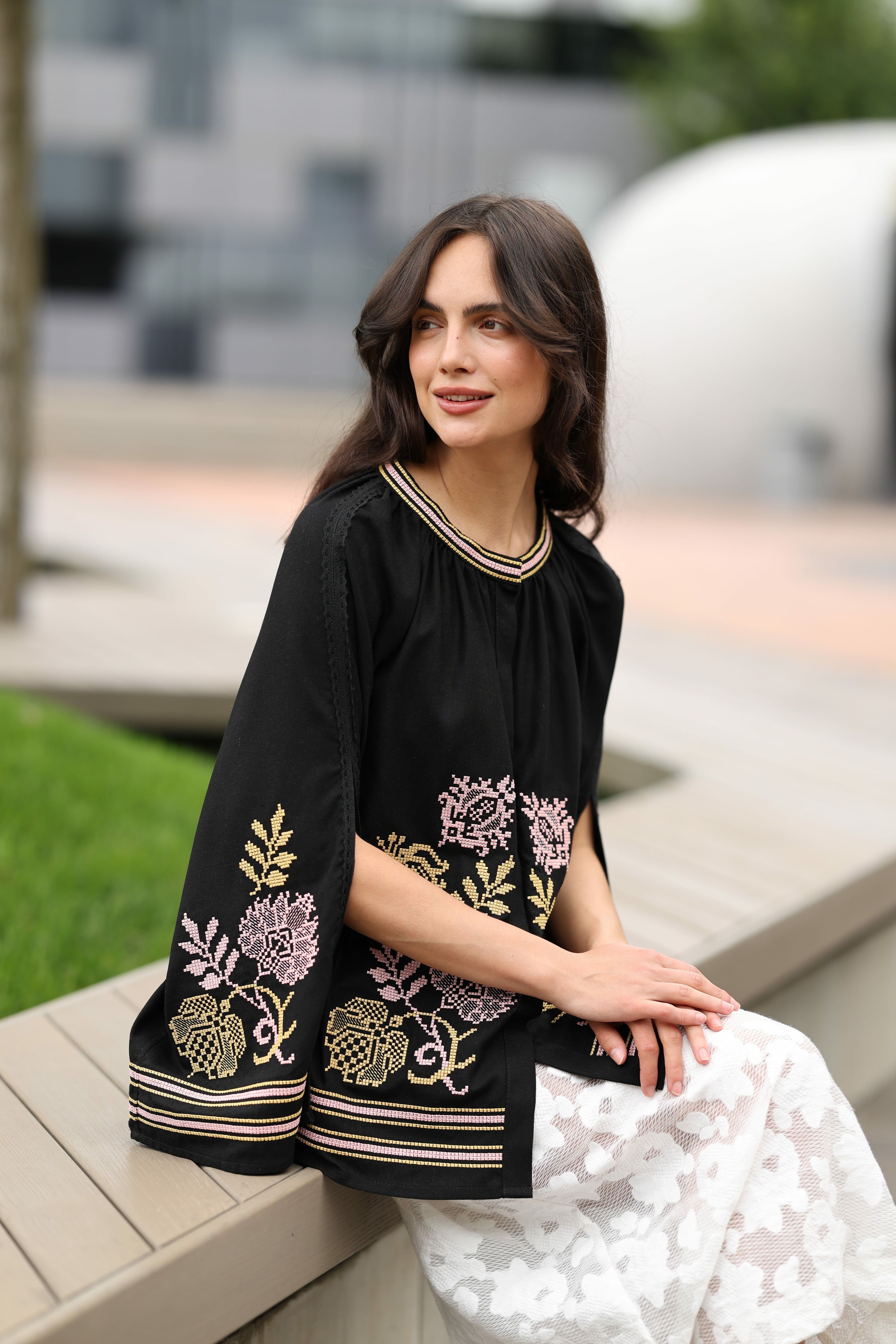 Natural black linen delicate pink and gold embroidery blouse