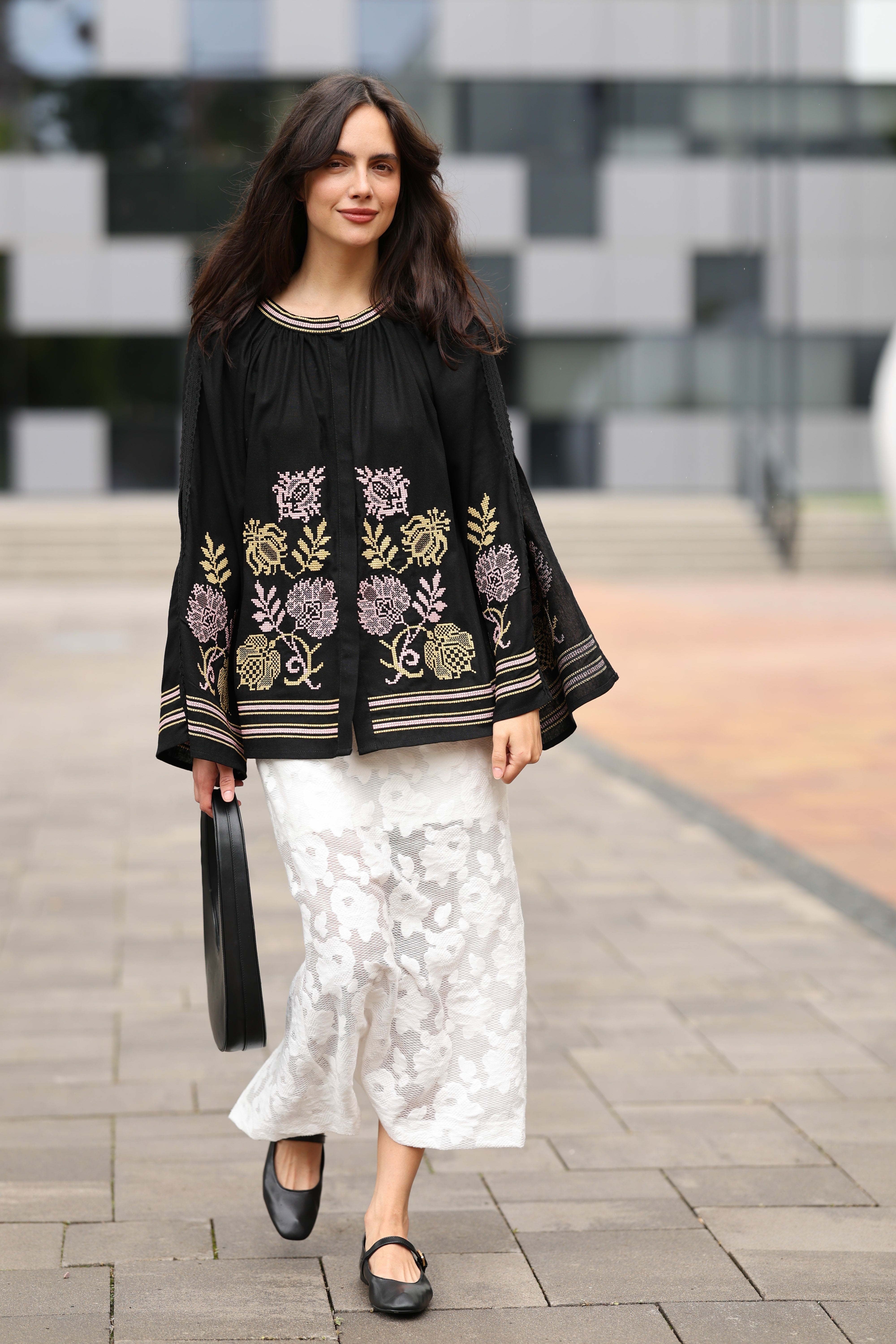 Natural black linen delicate pink and gold embroidery blouse
