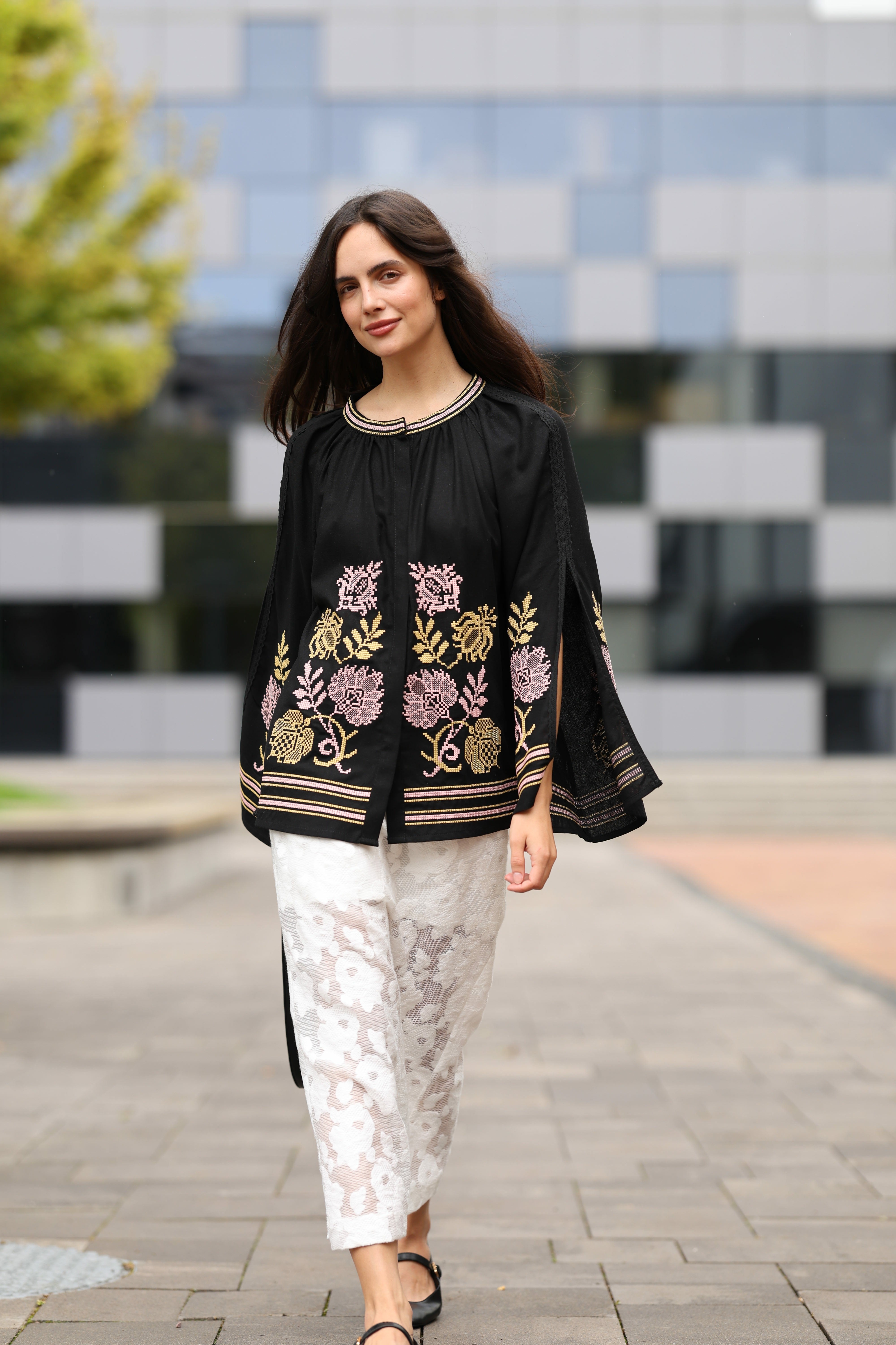 Natural black linen delicate pink and gold embroidery blouse