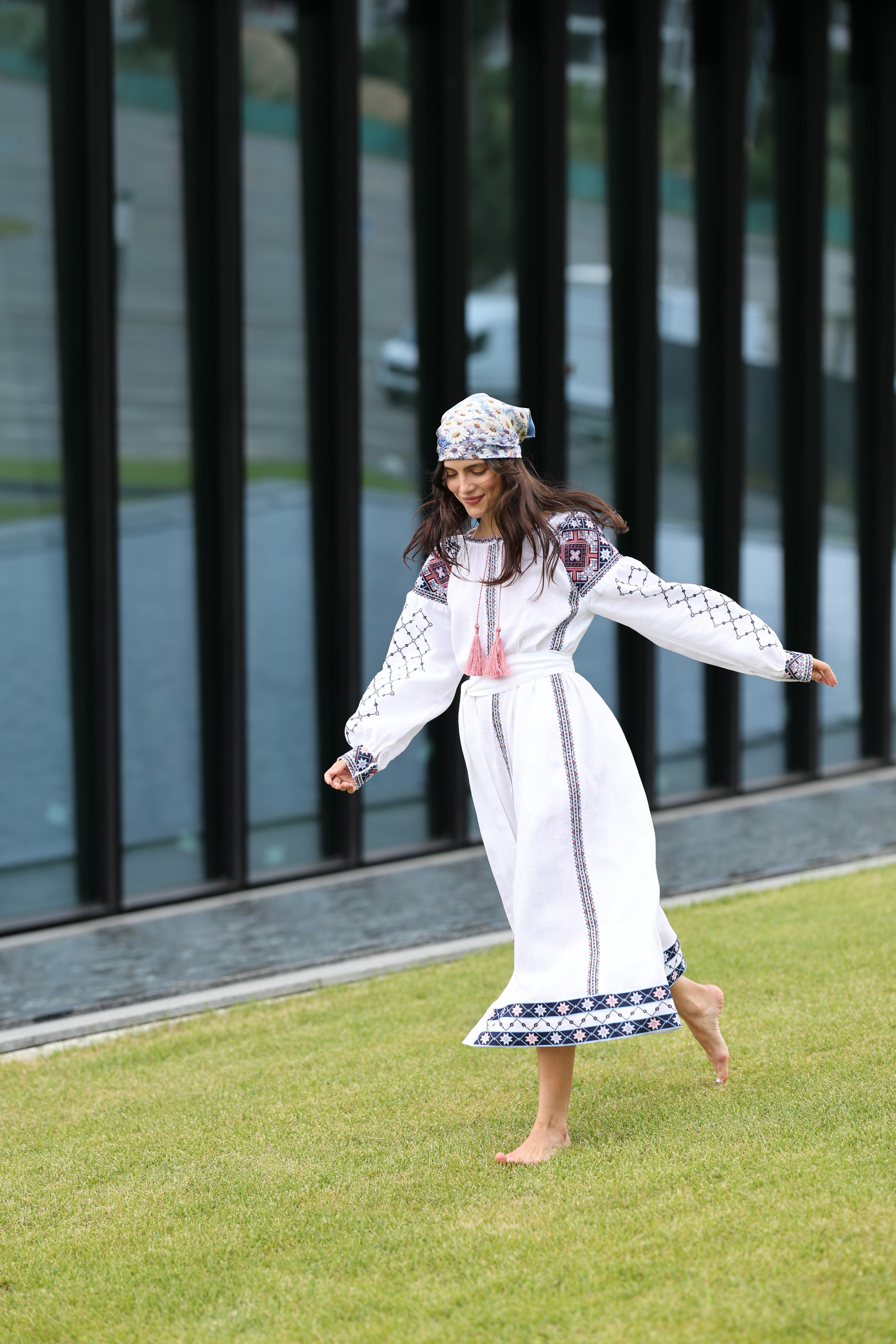 Linen dress White with colorful embroidery