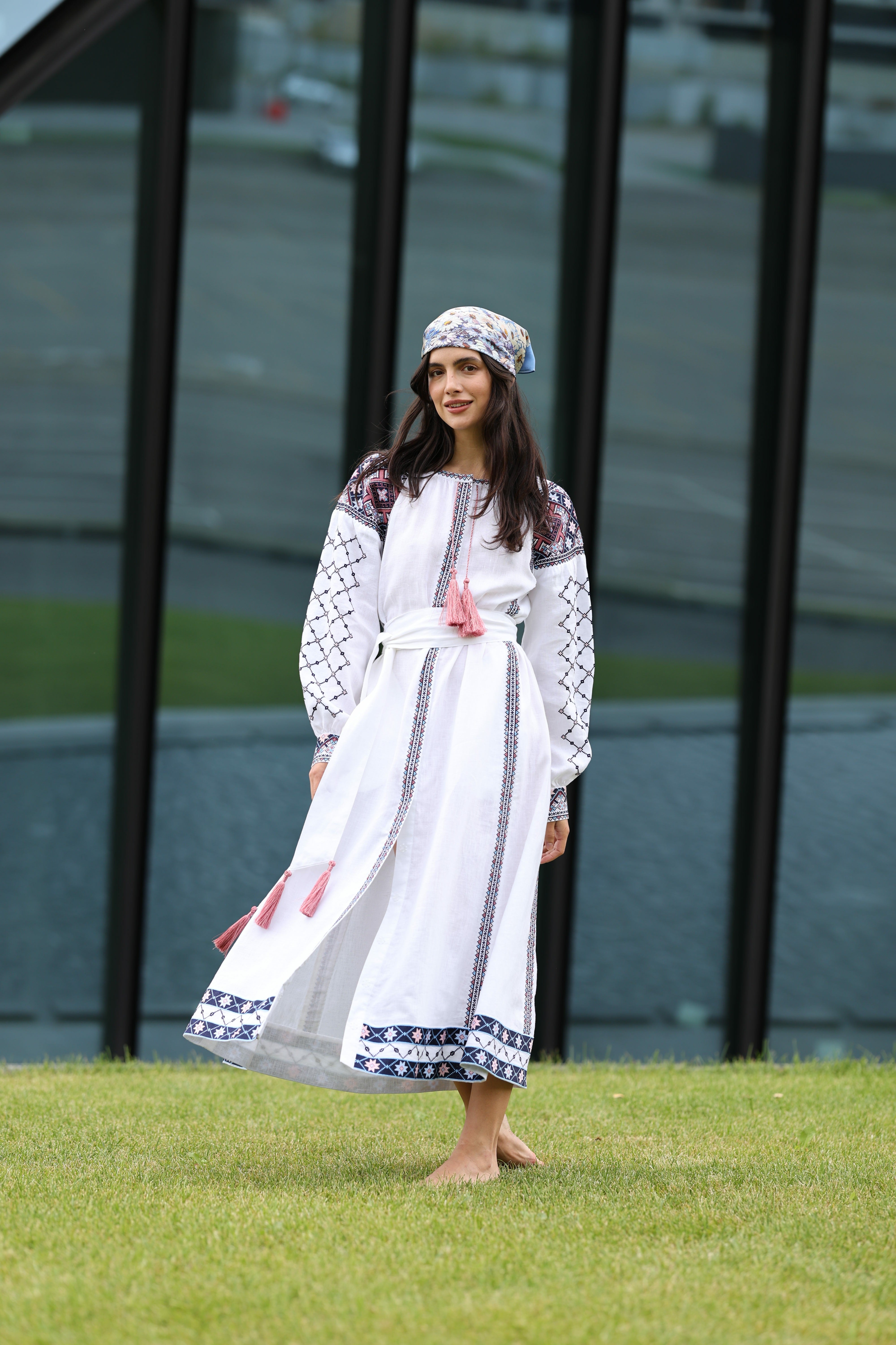 Linen dress White with colorful embroidery