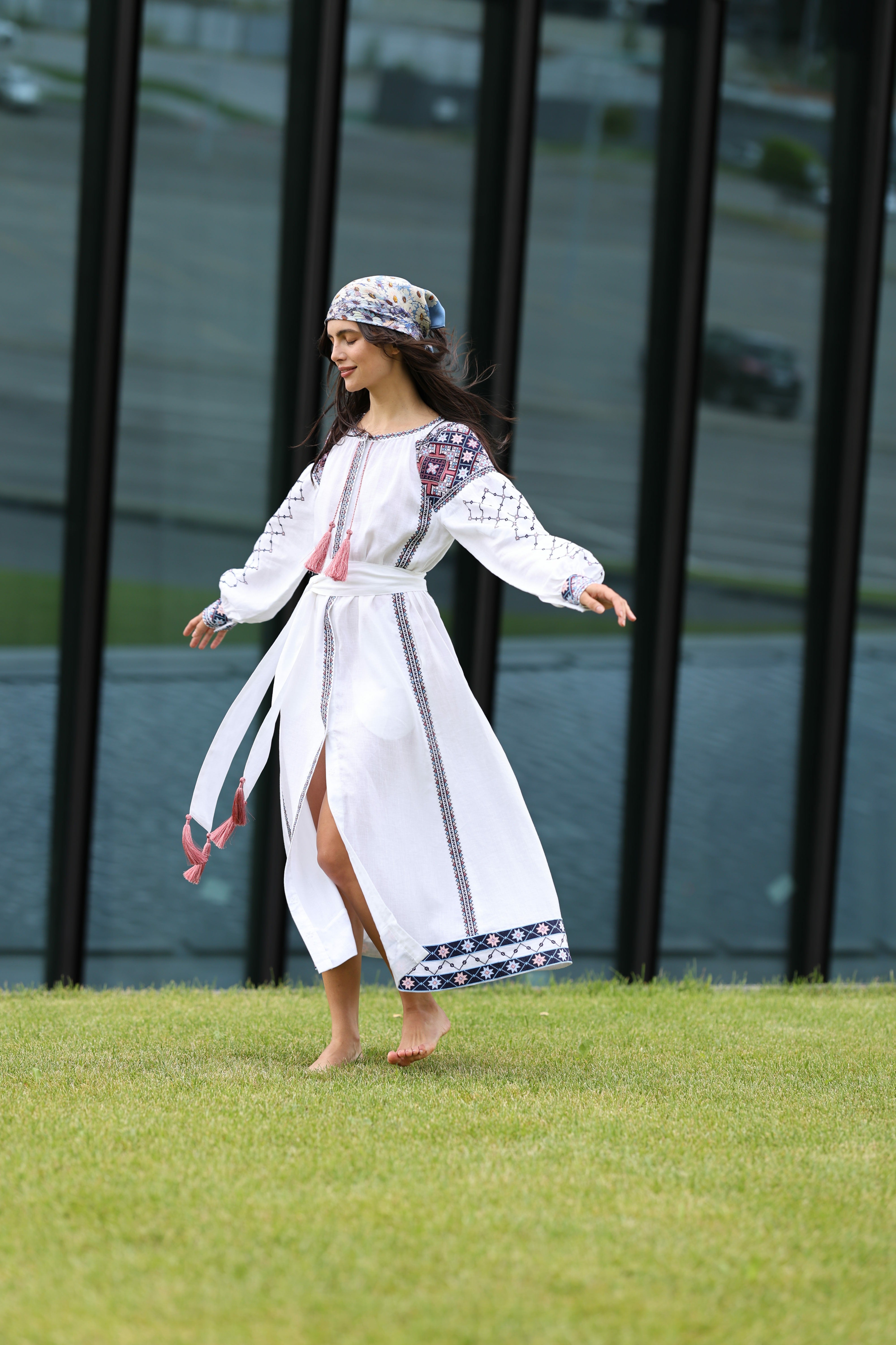 Linen dress White with colorful embroidery