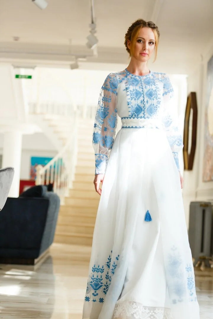 Wedding White Maxi Dress Ukrainian blue Embroidery Boho