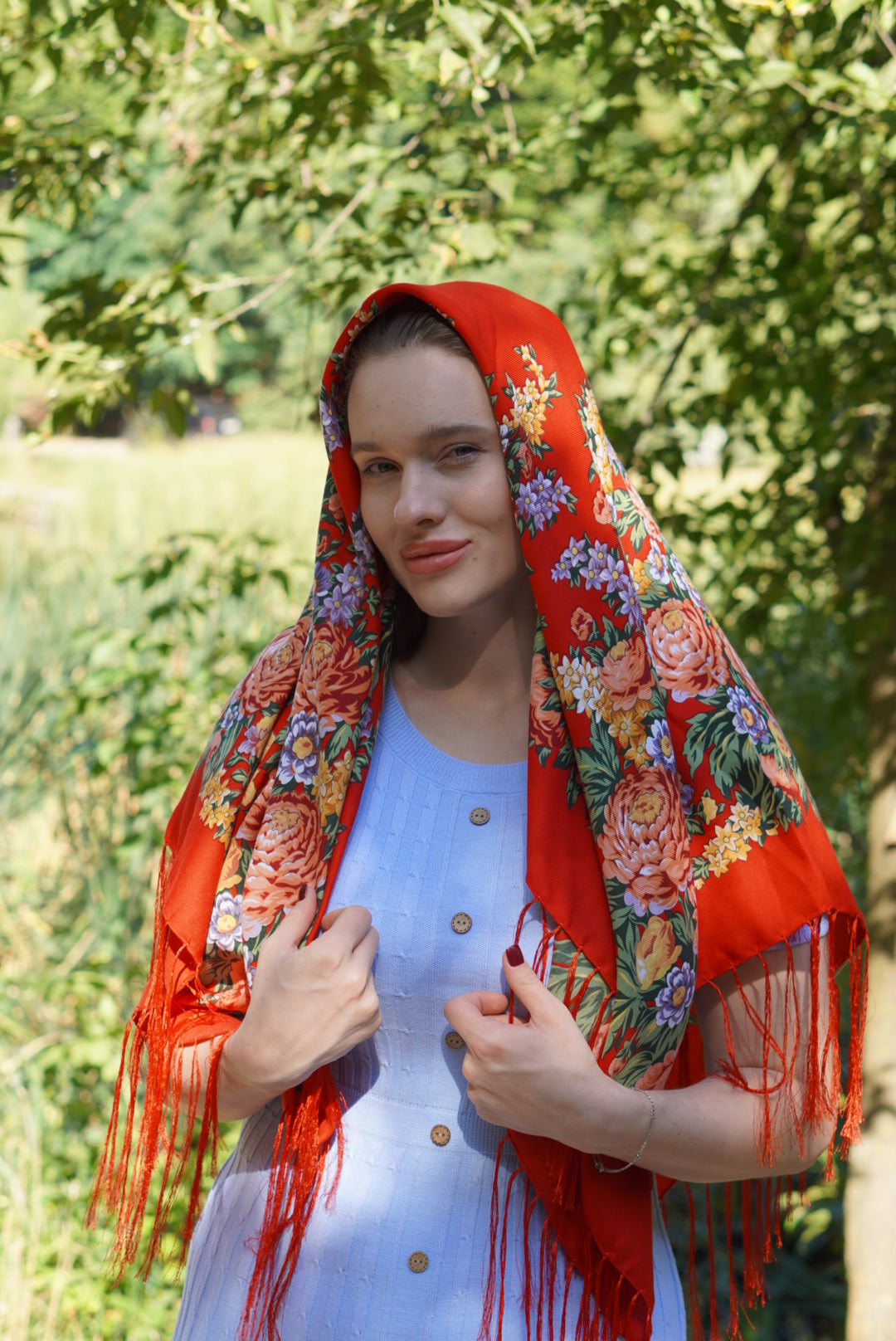 Red Floral Shawl Wool Wrap for Women Traditional Ukrainian