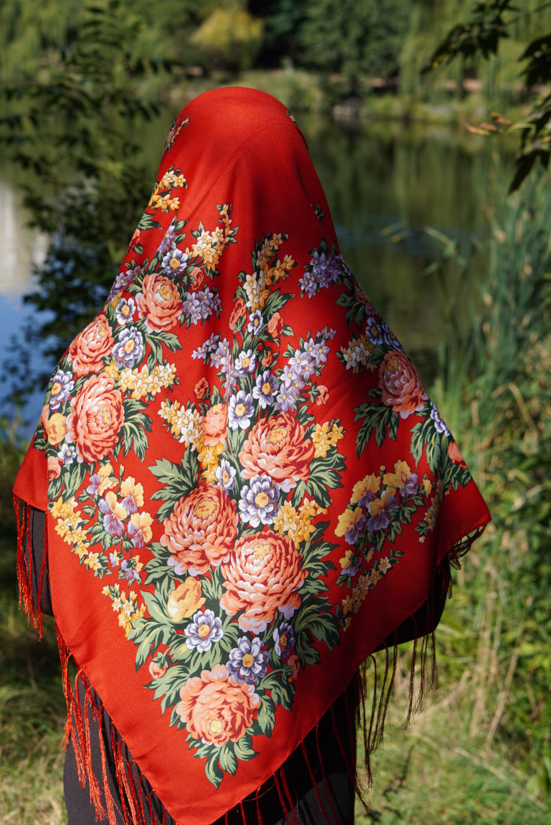 Red Ukrainian Wool Shawl Floral Wrap for Women Traditional