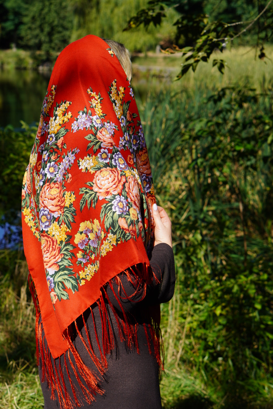 Red Ukrainian Wool Shawl Floral Wrap for Women Traditional