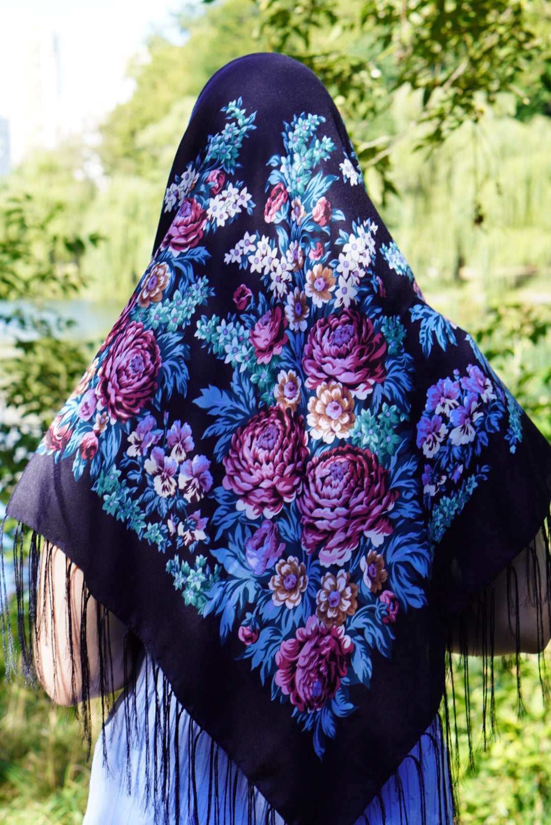 Blue Ukrainian Wool 80% Shawl - Bohemian Floral Scarf for Women, Mom, Daughter