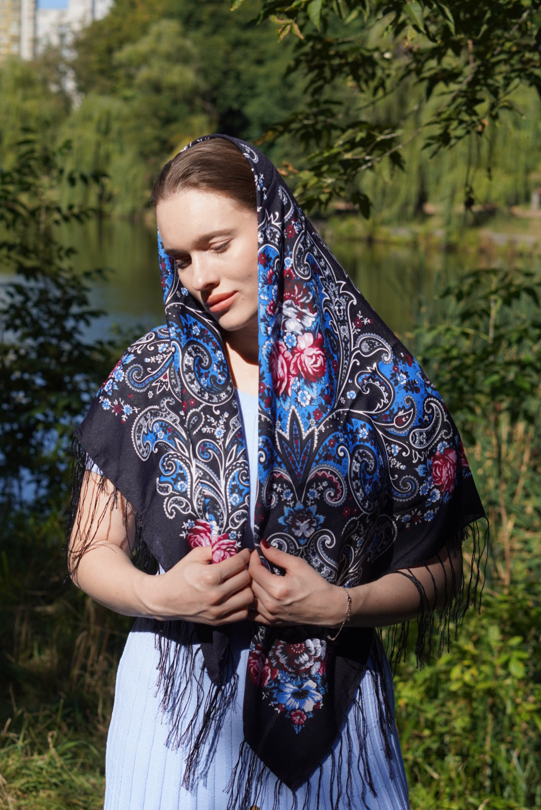 Dark Blue Bohemian shawl Wool Ukrainian Word of LoveTraditional scarf Ethnic shawl châle ukrainien