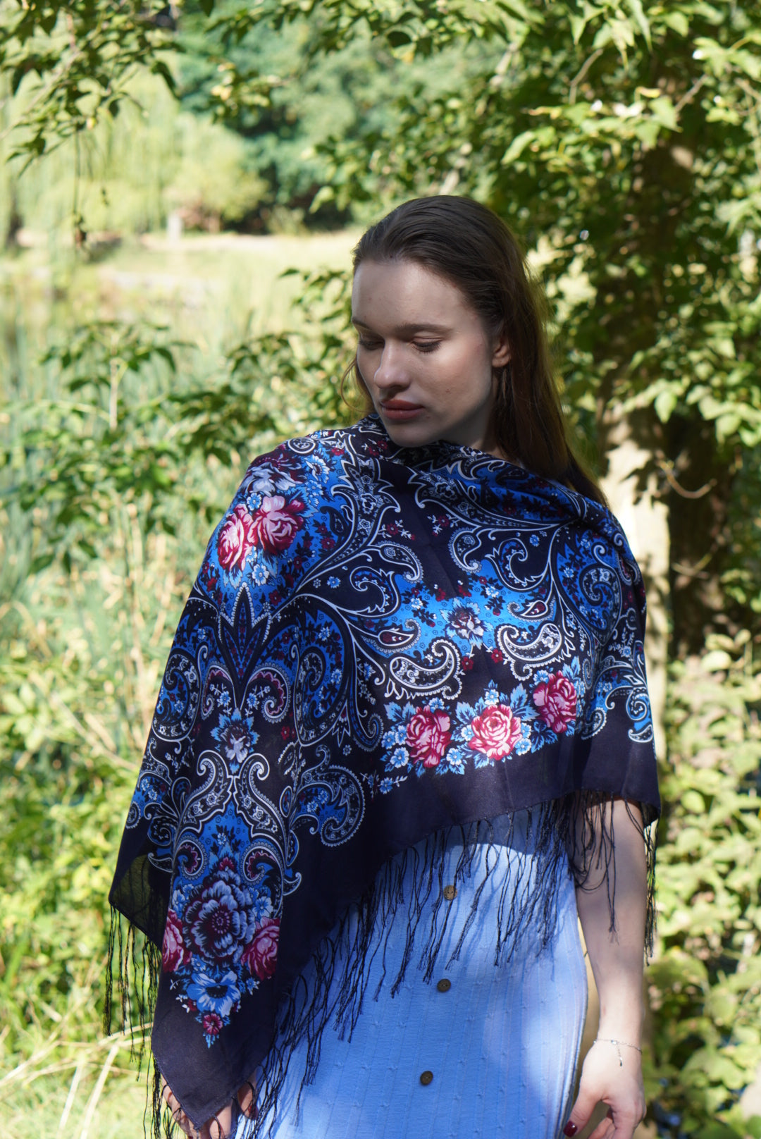 Dark Blue Bohemian shawl Wool Ukrainian Word of LoveTraditional scarf Ethnic shawl châle ukrainien