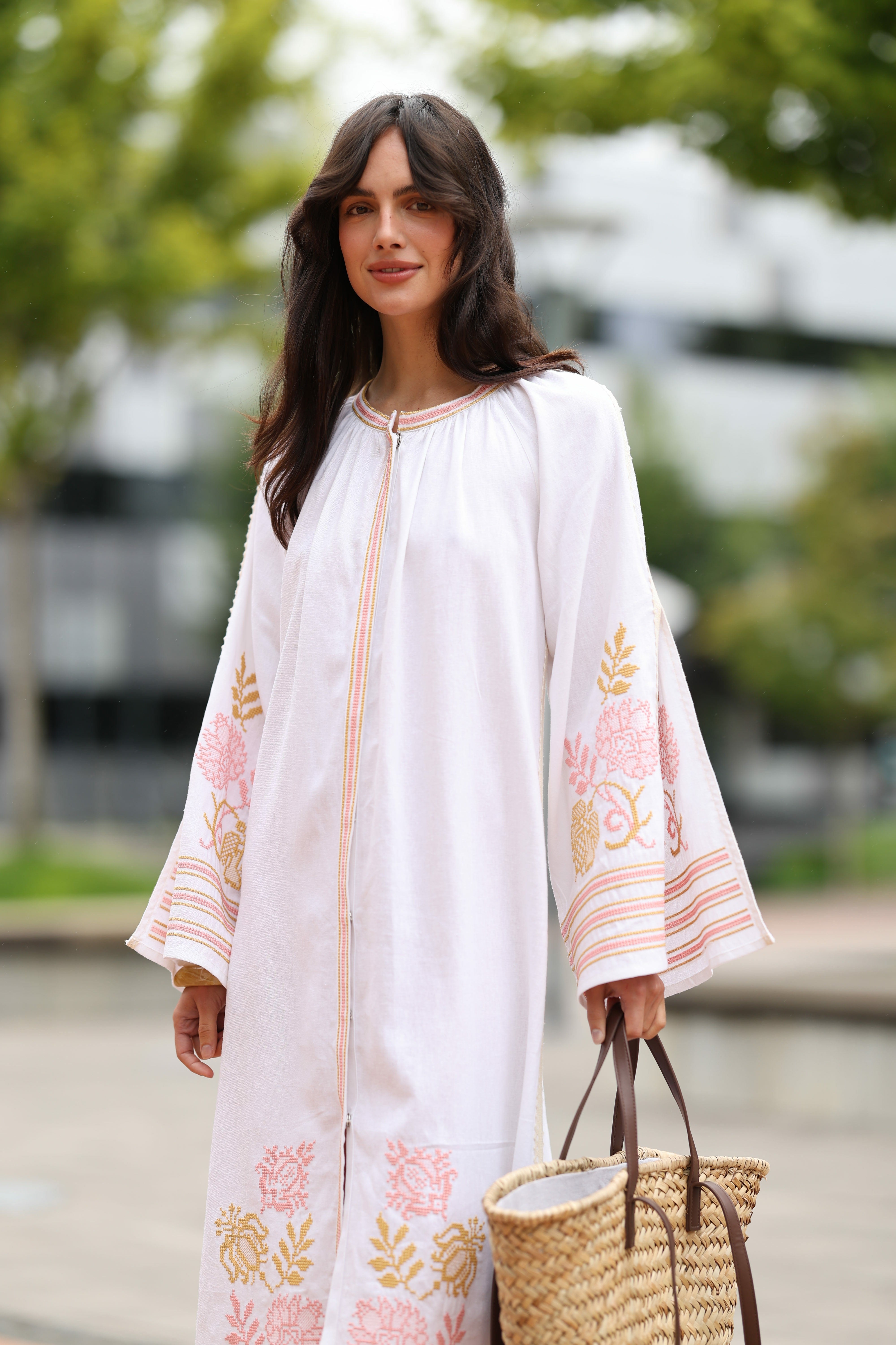 Embroidered Ukrainian Dress Elegant white linen and delicate powder pink and gold embroidery