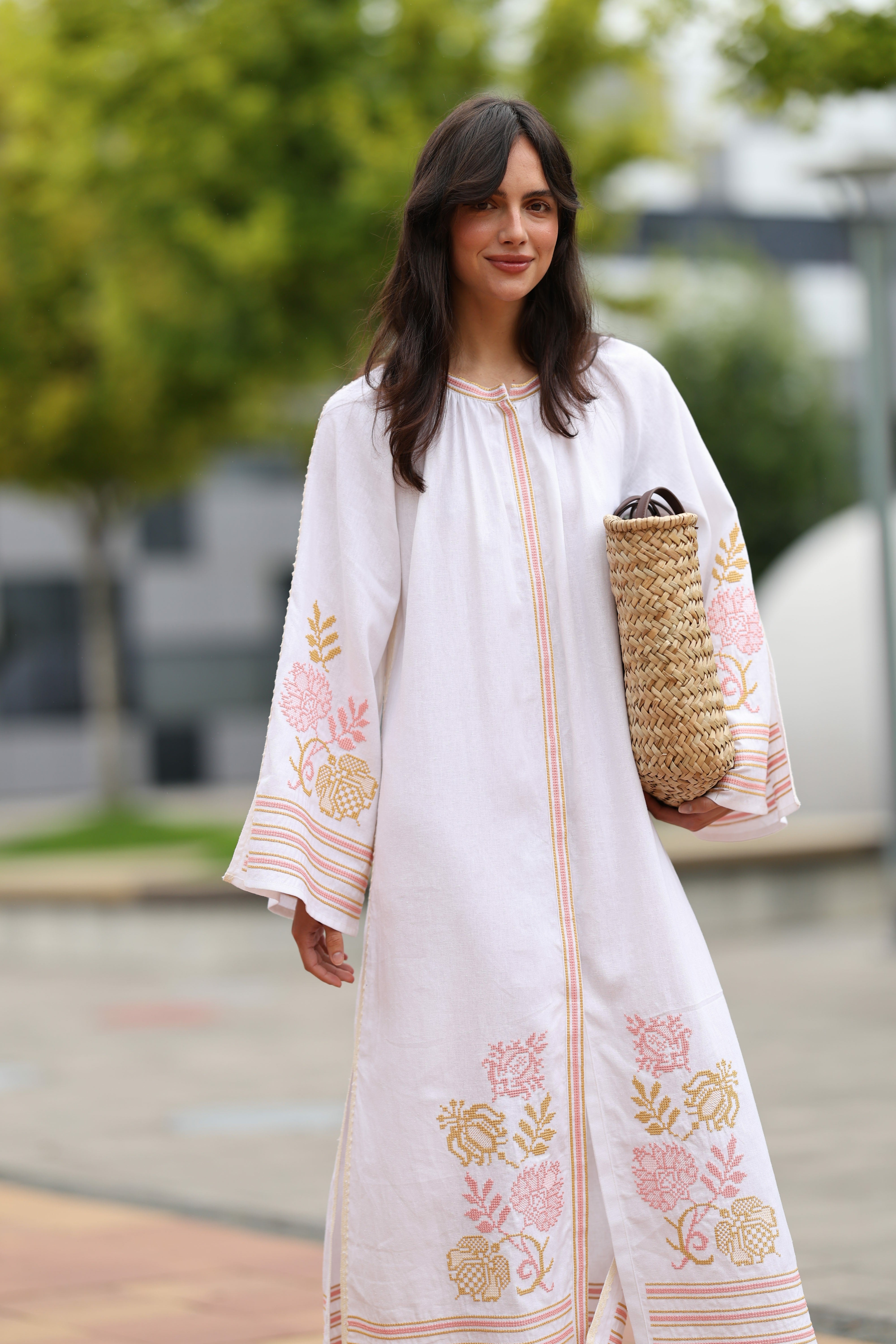 Embroidered Ukrainian Dress Elegant white linen and delicate powder pink and gold embroidery
