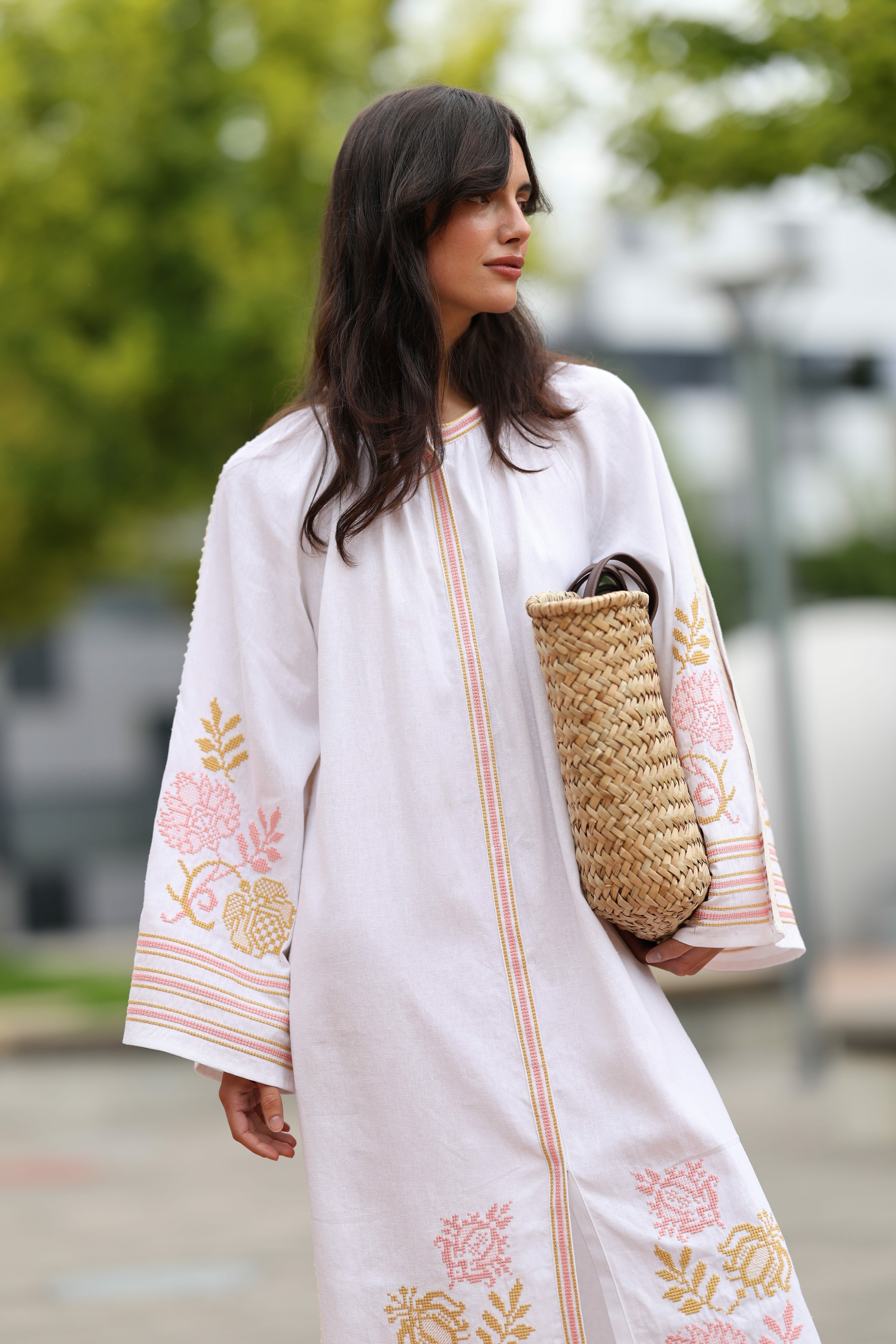 Embroidered Ukrainian Dress Elegant white linen and delicate powder pink and gold embroidery
