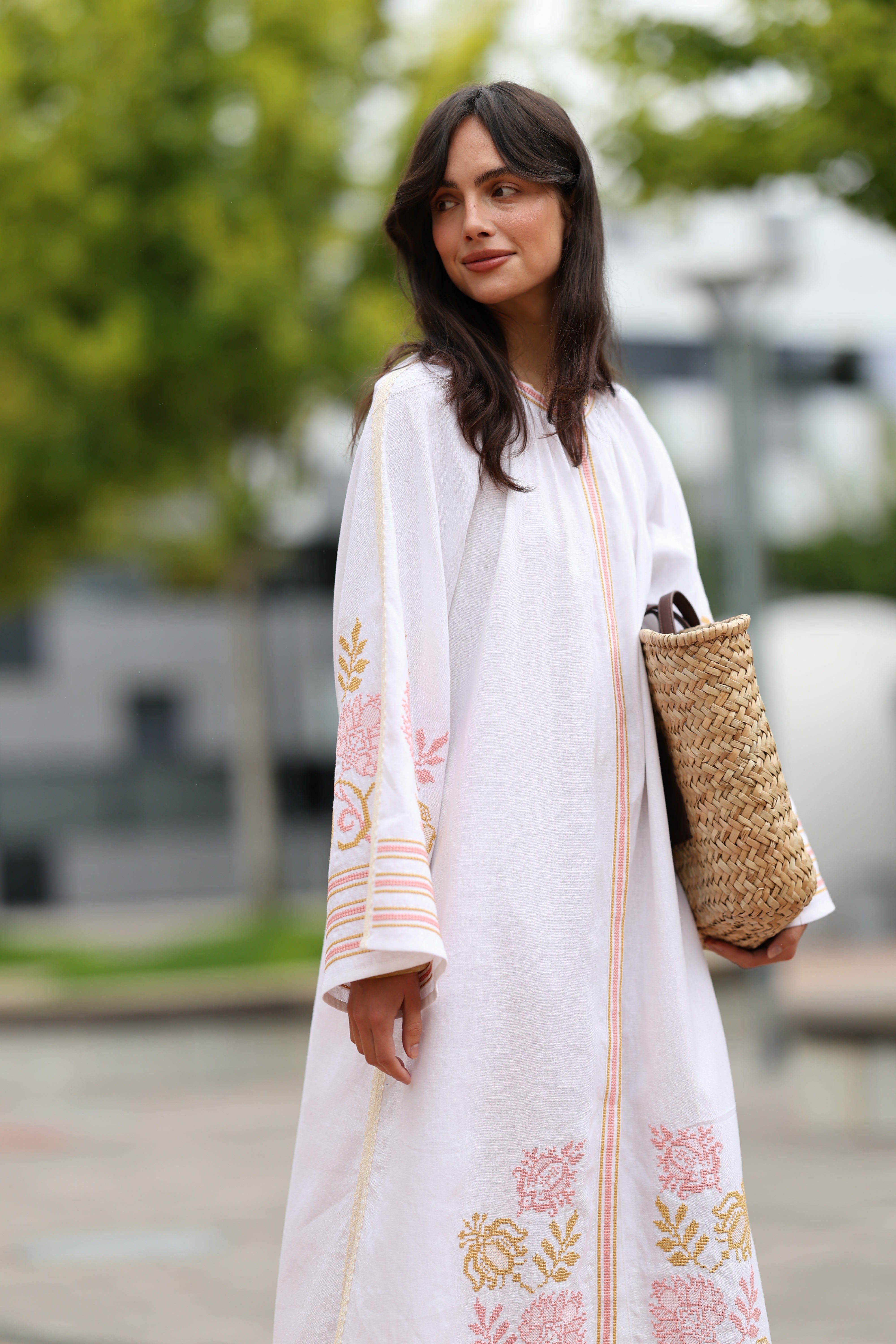 Embroidered Ukrainian Dress Elegant white linen and delicate powder pink and gold embroidery