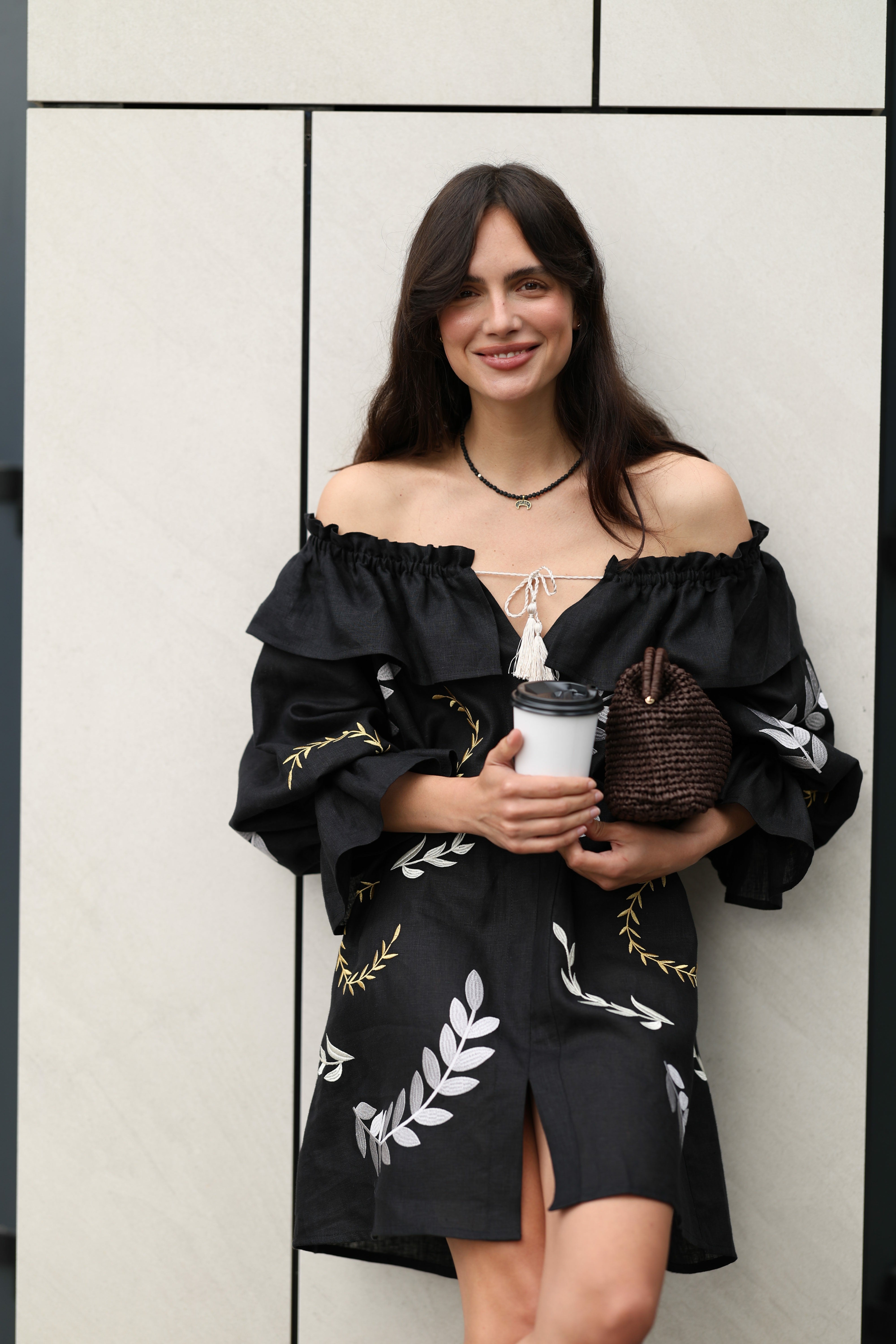 Embroidered ukrainian dress made of black linen