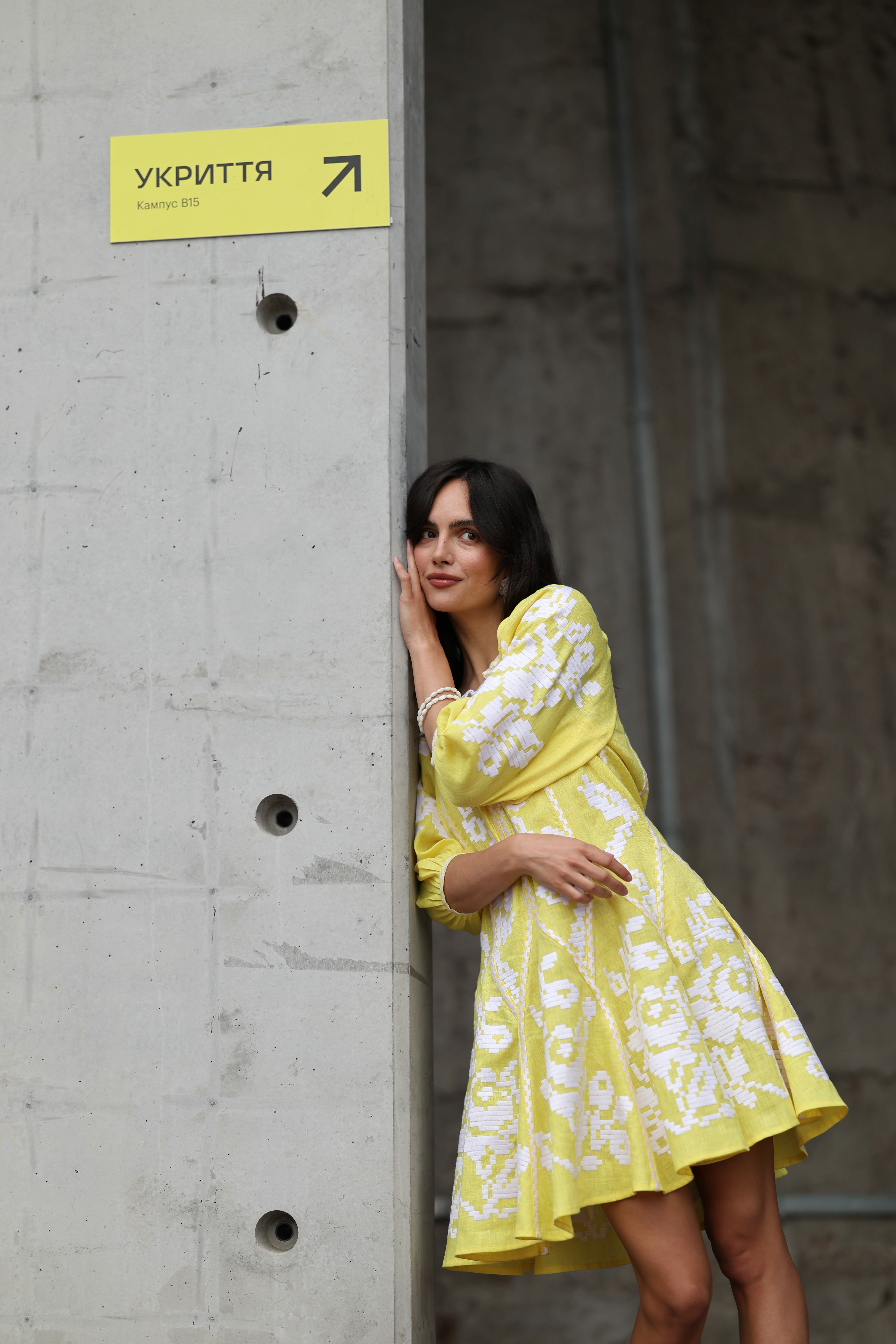 Women's bright yellow embroidered dress with white embroidery