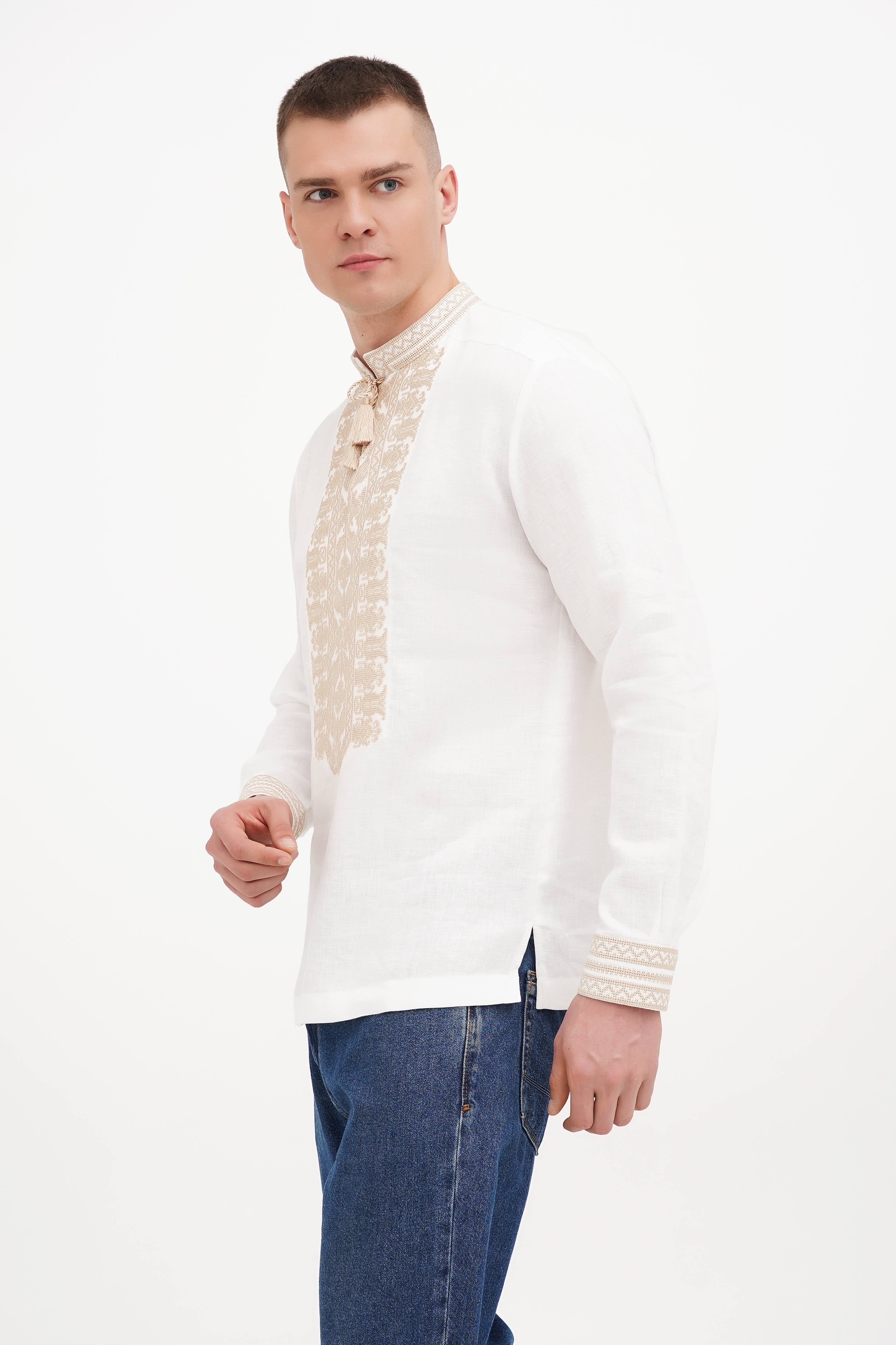 White Shirt Embroidered Linen Ukrainian for men shirt with gold embroidery