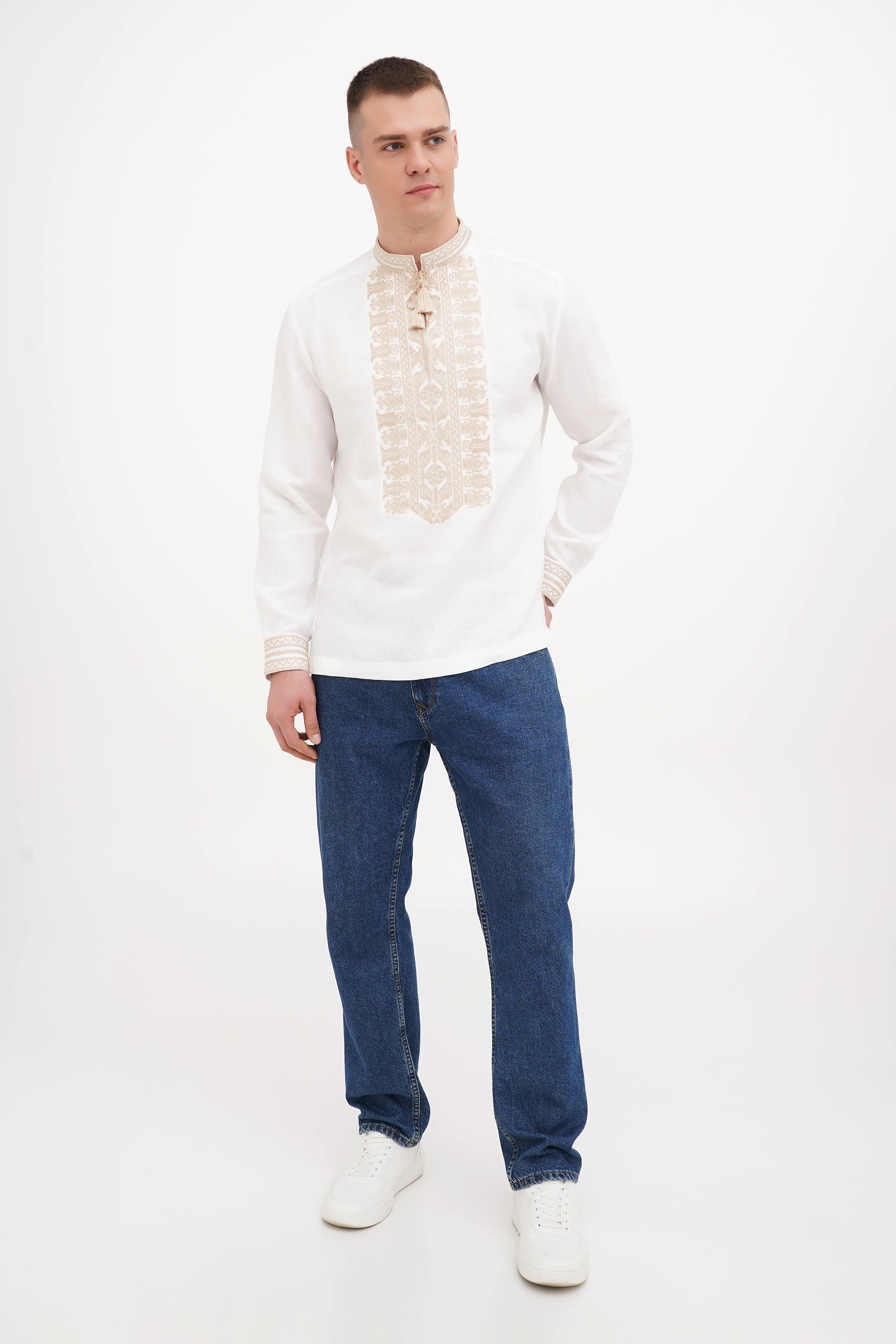 White Shirt Embroidered Linen Ukrainian for men shirt with gold embroidery