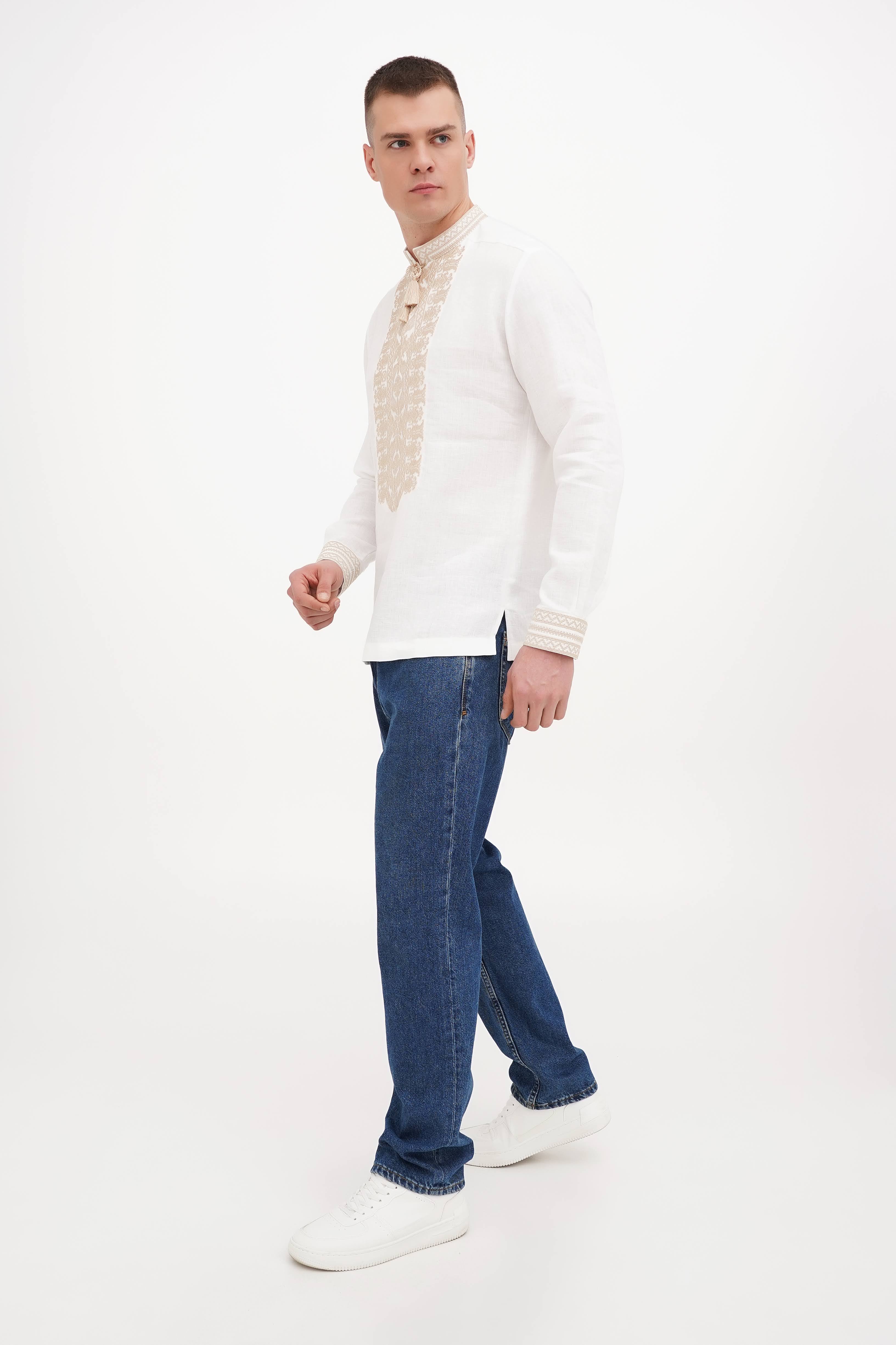 White Shirt Embroidered Linen Ukrainian for men shirt with gold embroidery