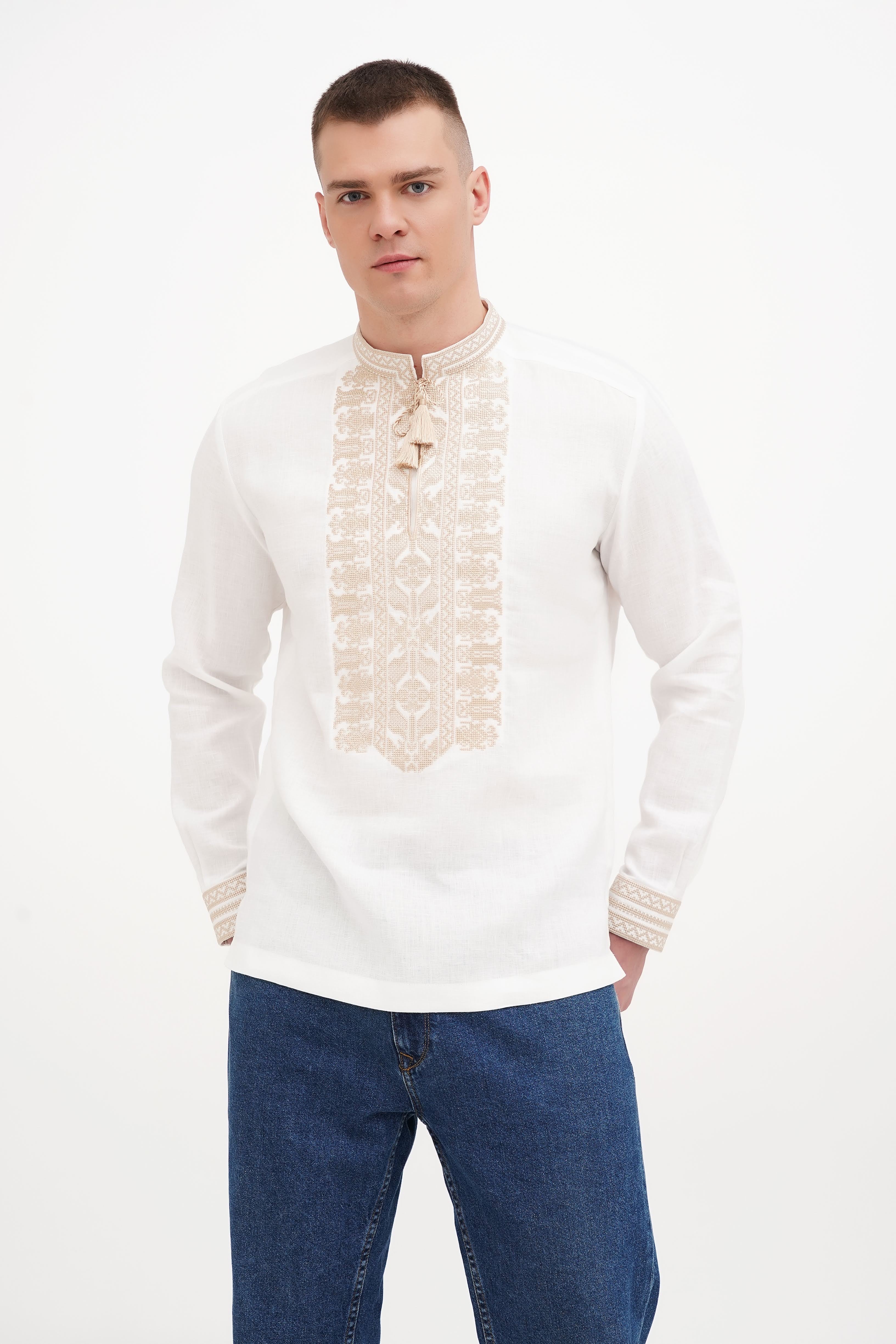 White Shirt Embroidered Linen Ukrainian for men shirt with gold embroidery
