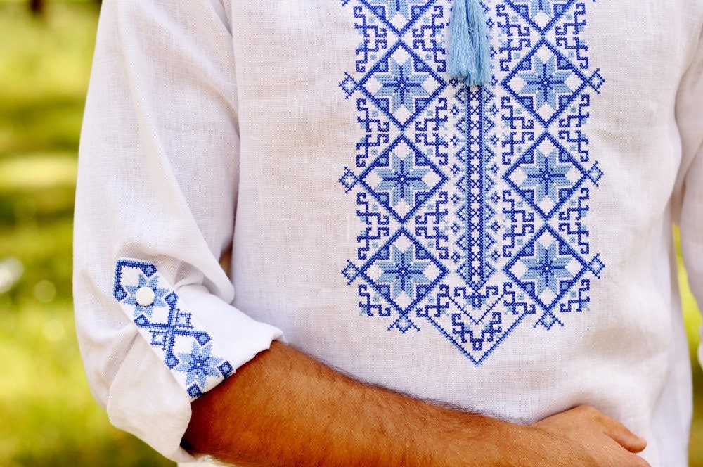 Men's white linen vyshyvanka shirt with blue embroidery