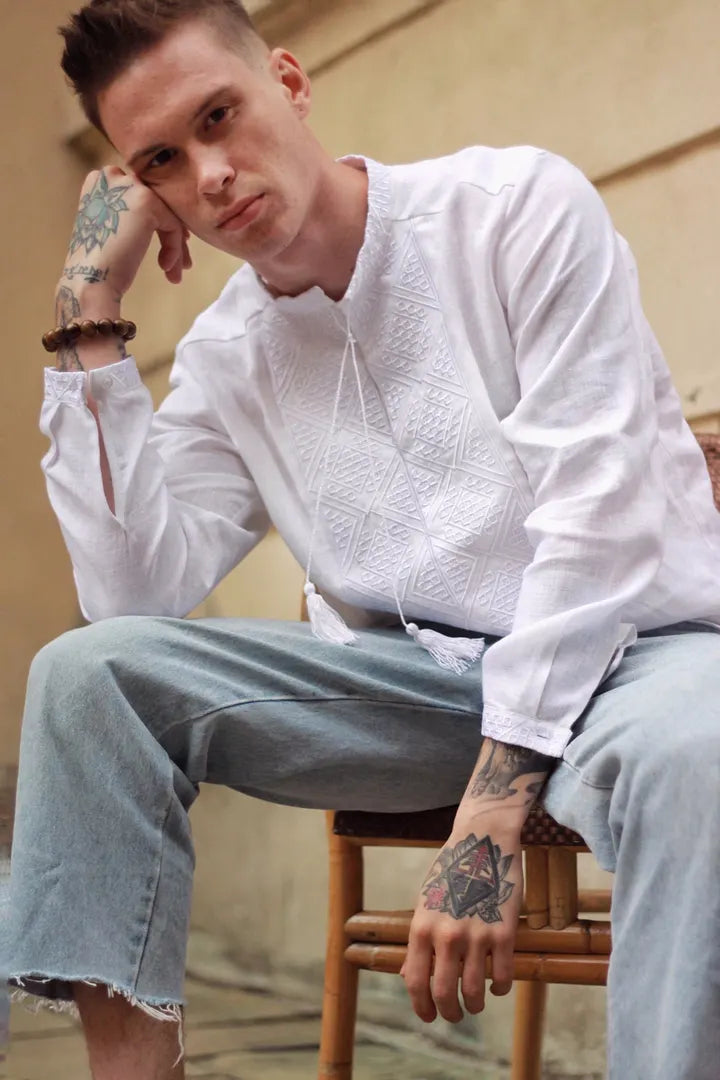 Men white Embroidered shirt white on white 