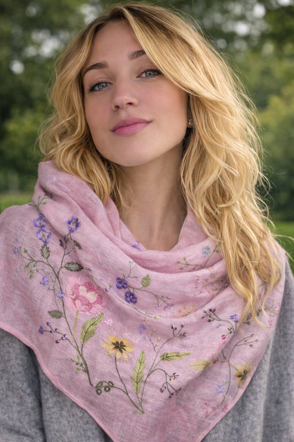 Pink Ukrainian Shawl Embroidered Traditional Bohemian Scarf for Women Floral 