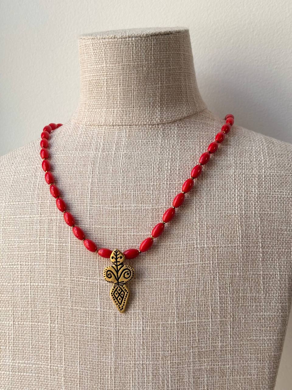 Red Coral Necklace with Brass Folk-Inspired Pendant